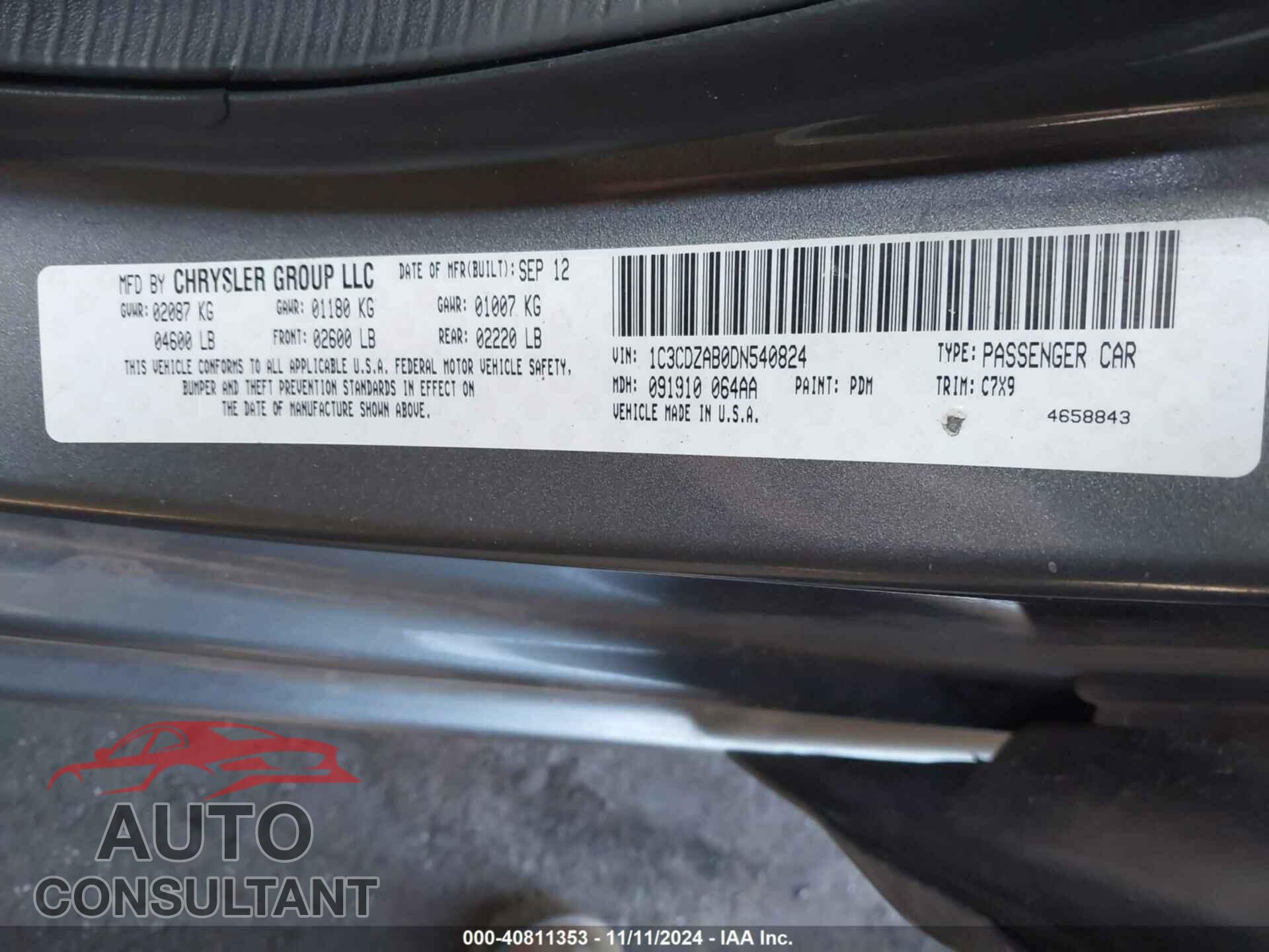 DODGE AVENGER 2013 - 1C3CDZAB0DN540824