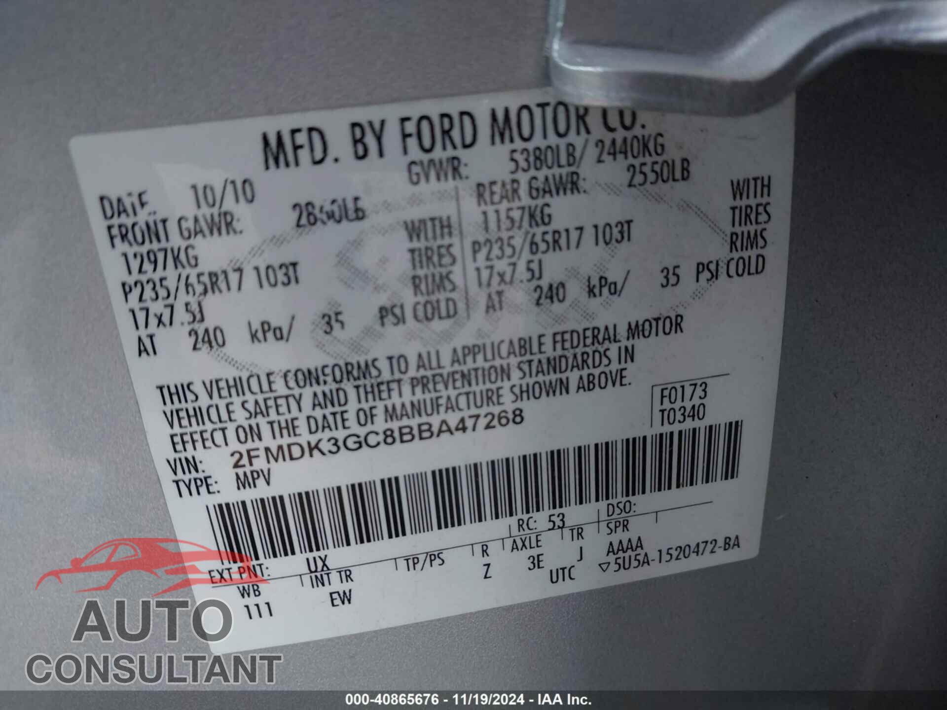 FORD EDGE 2011 - 2FMDK3GC8BBA47268