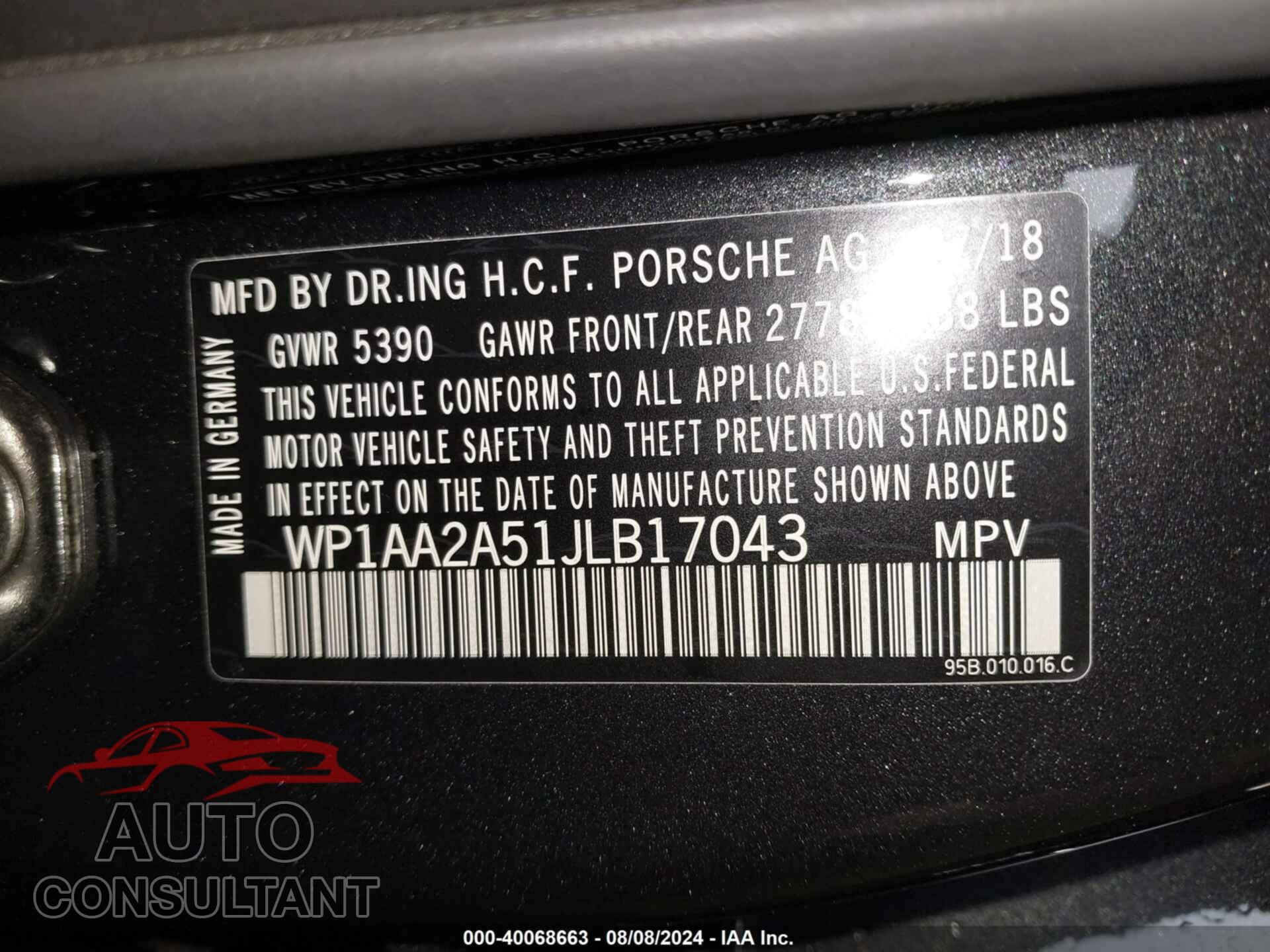 PORSCHE MACAN 2018 - WP1AA2A51JLB17043