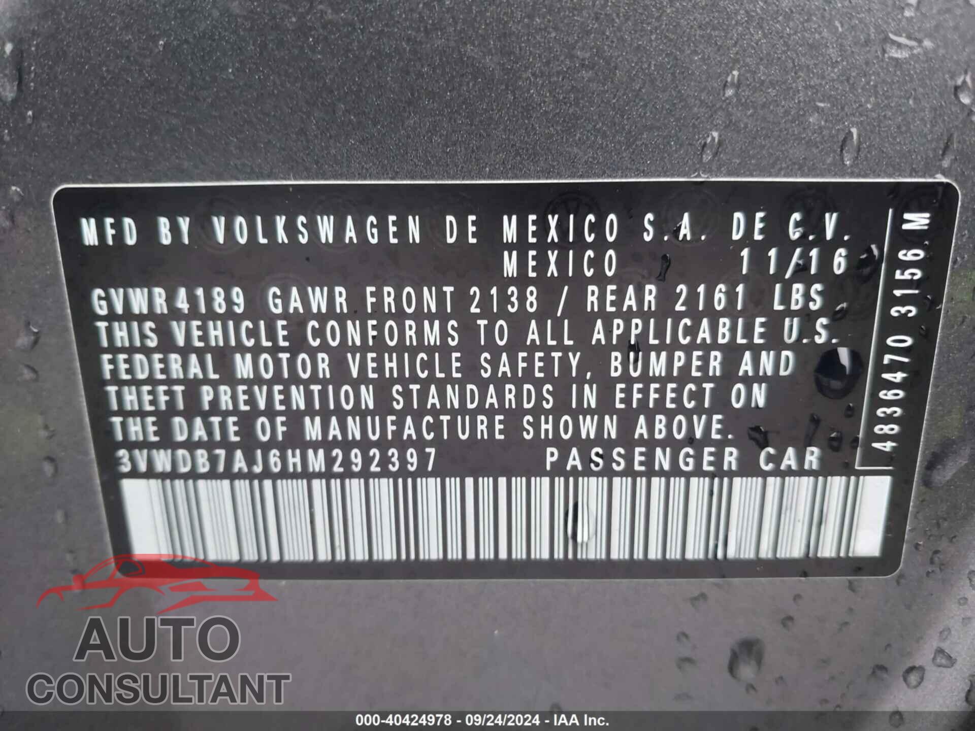 VOLKSWAGEN JETTA 2017 - 3VWDB7AJ6HM292397