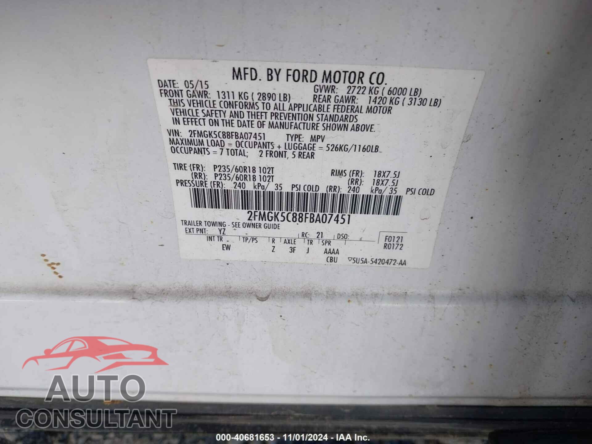 FORD FLEX 2015 - 2FMGK5C88FBA07451