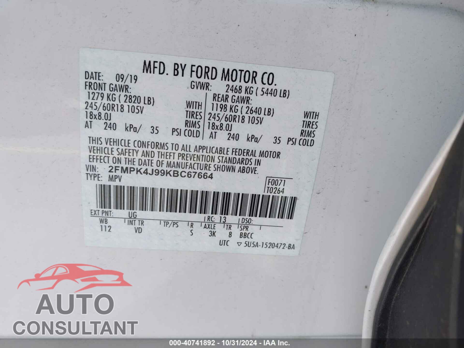 FORD EDGE 2019 - 2FMPK4J99KBC67664