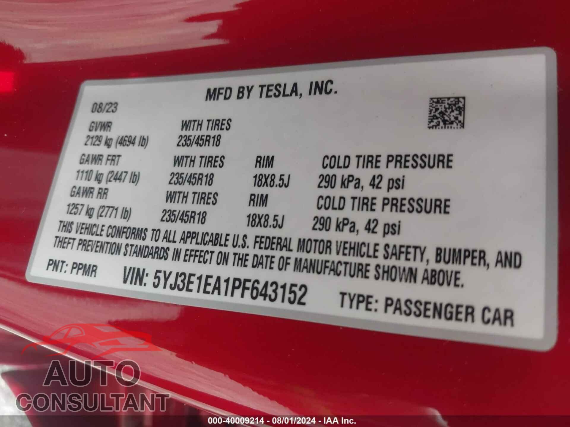 TESLA MODEL 3 2023 - 5YJ3E1EA1PF643152