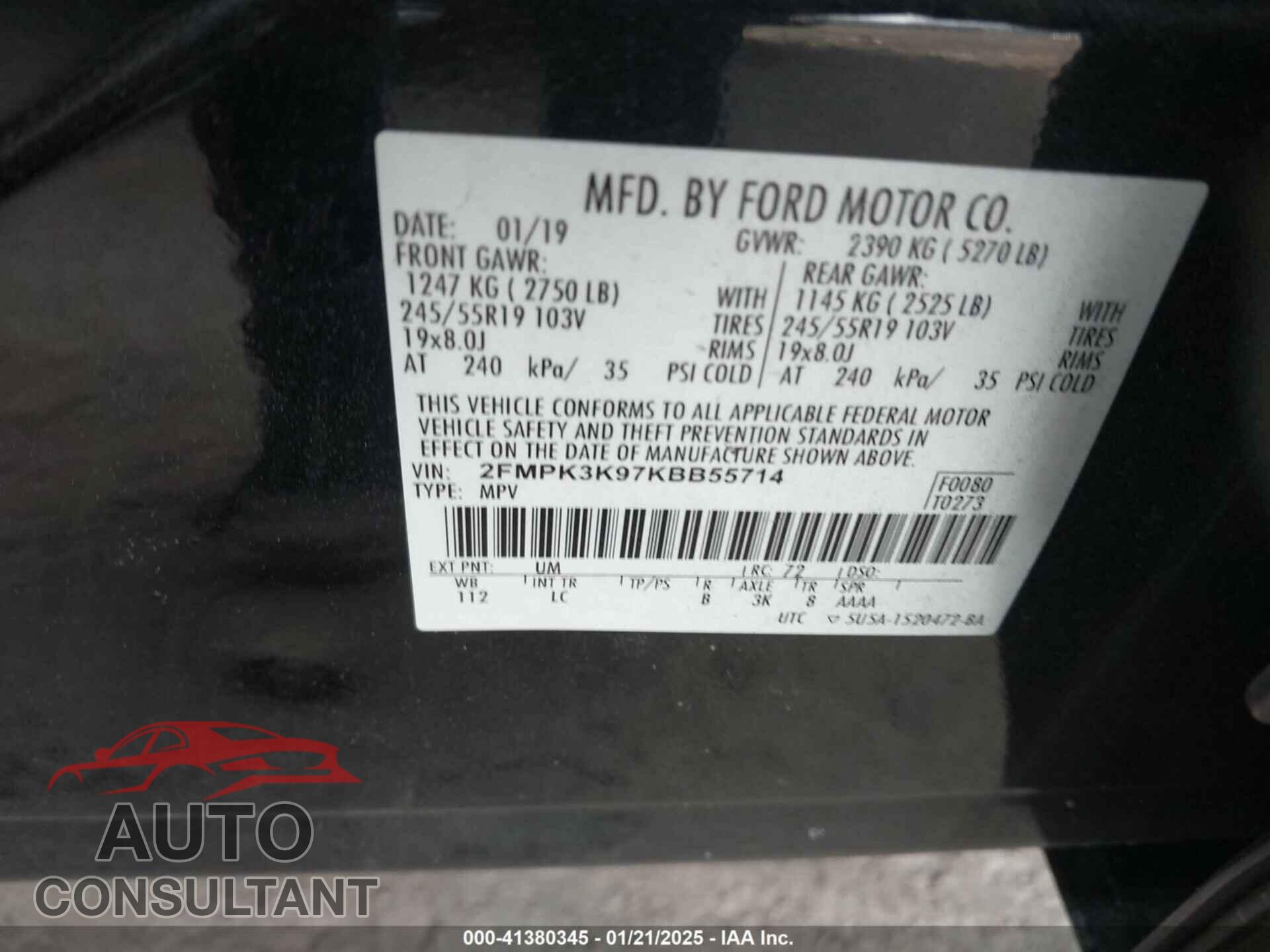 FORD EDGE 2019 - 2FMPK3K97KBB55714