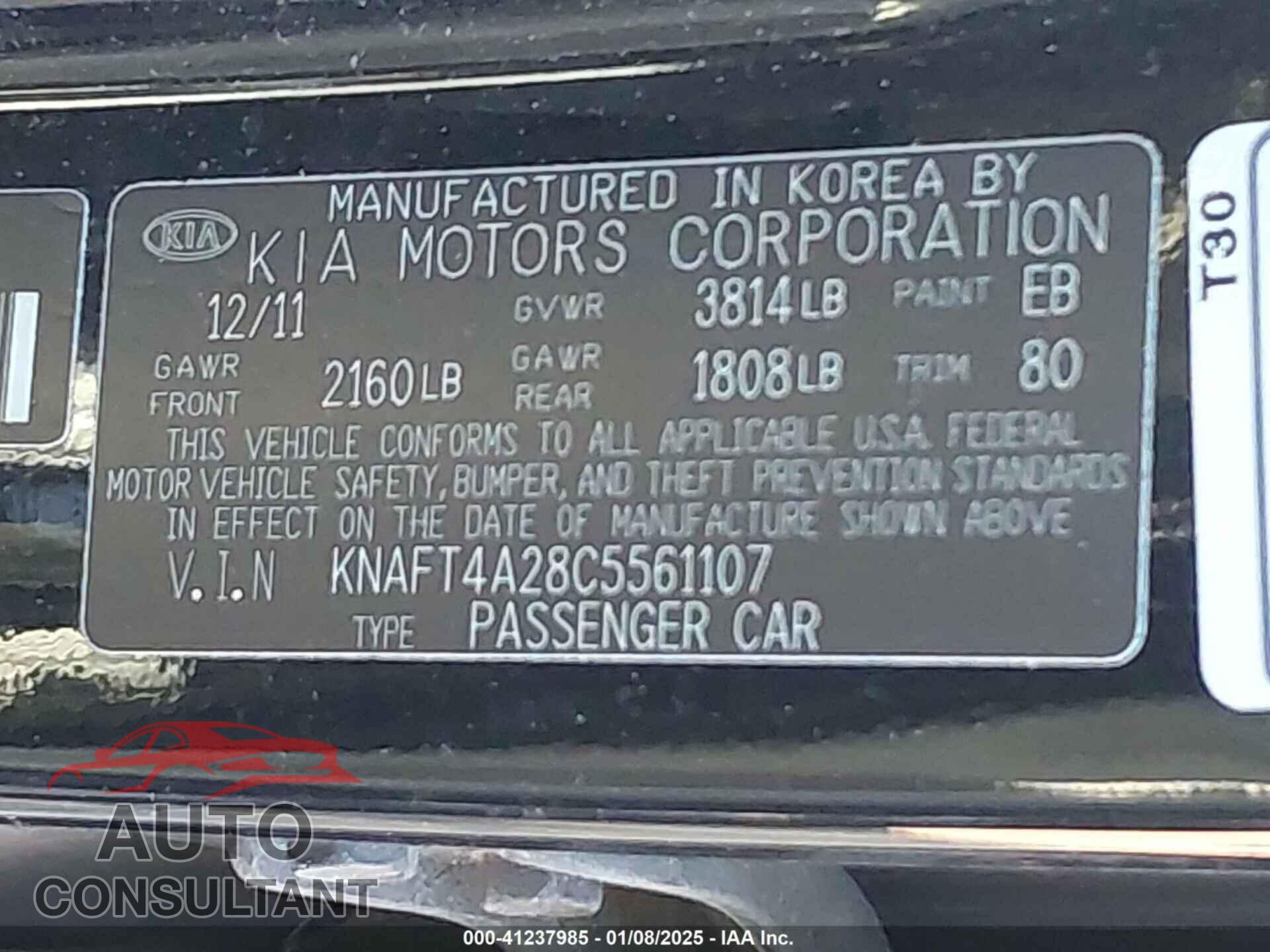 KIA FORTE 2012 - KNAFT4A28C5561107
