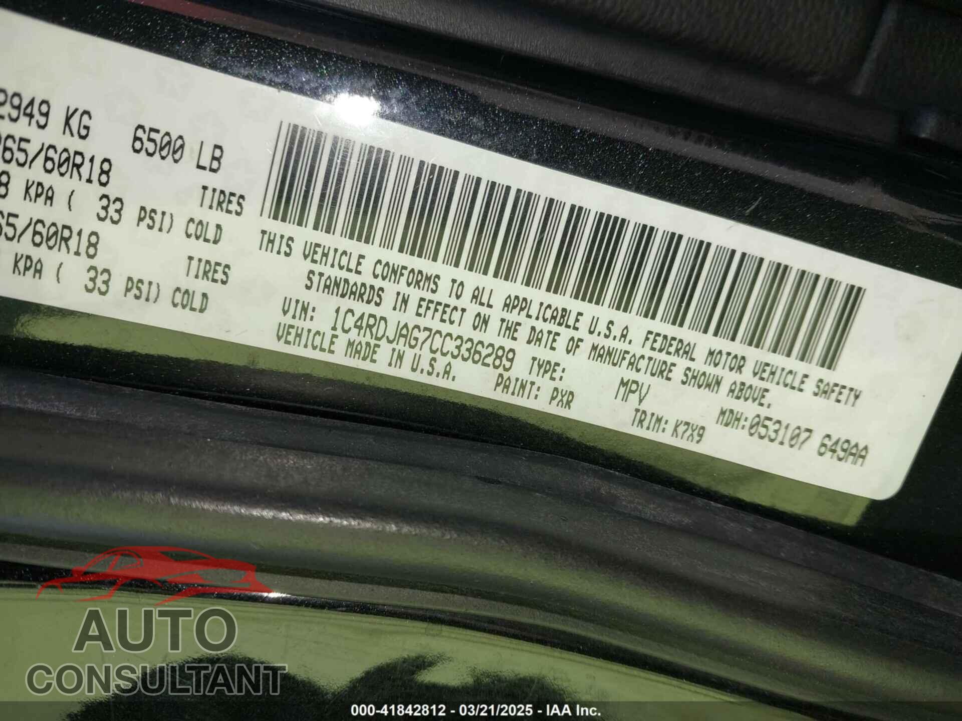 DODGE DURANGO 2012 - 1C4RDJAG7CC336289