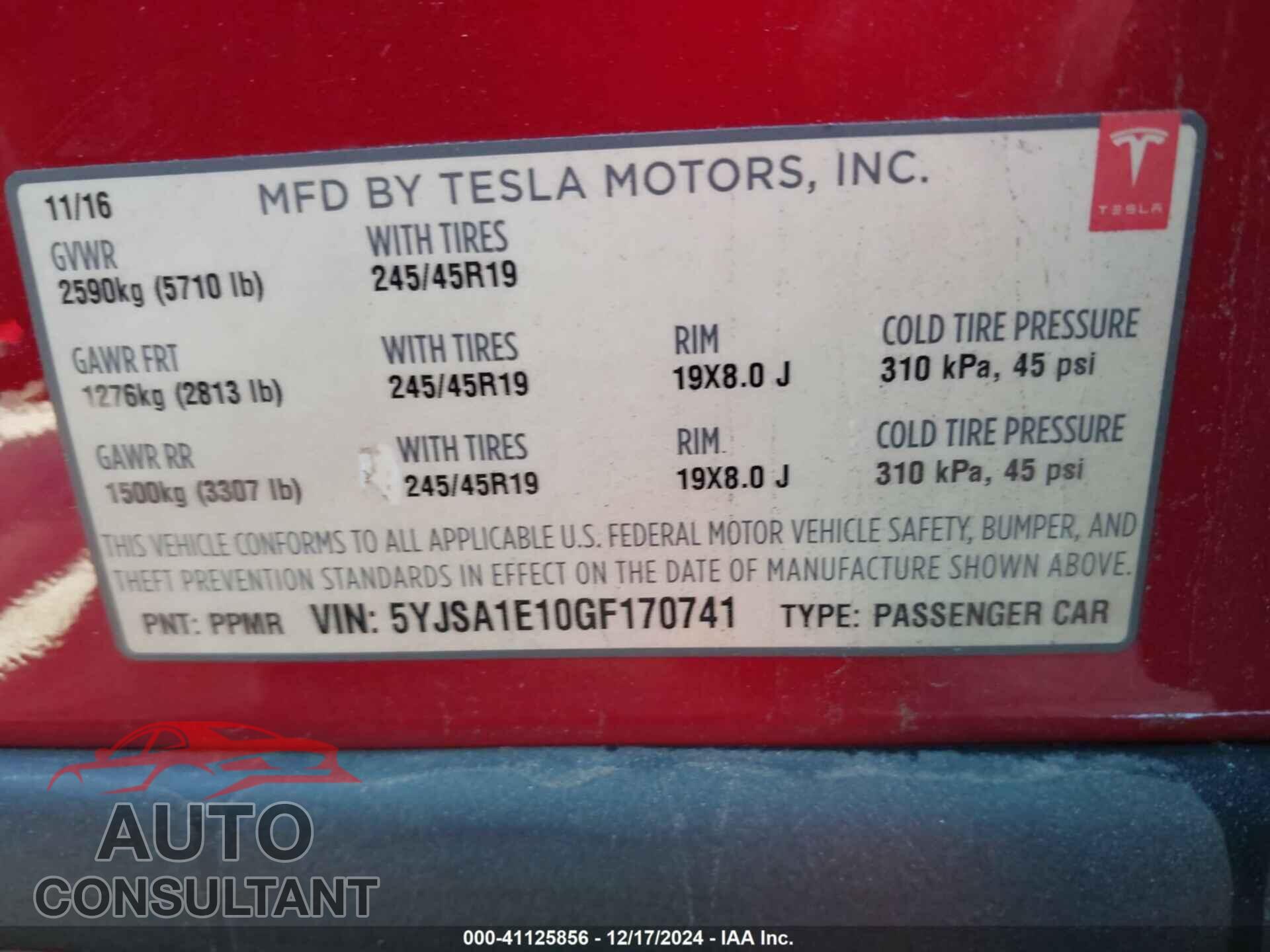 TESLA MODEL S 2016 - 5YJSA1E10GF170741