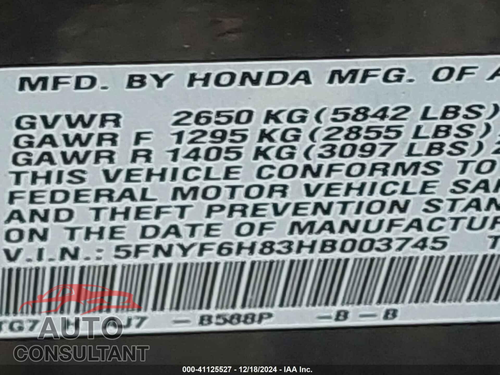 HONDA PILOT 2017 - 5FNYF6H83HB003745