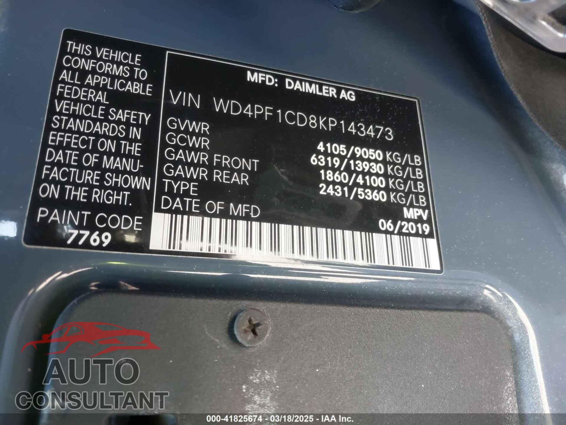MERCEDES-BENZ SPRINTER 2500 2019 - WD4PF1CD8KP143473