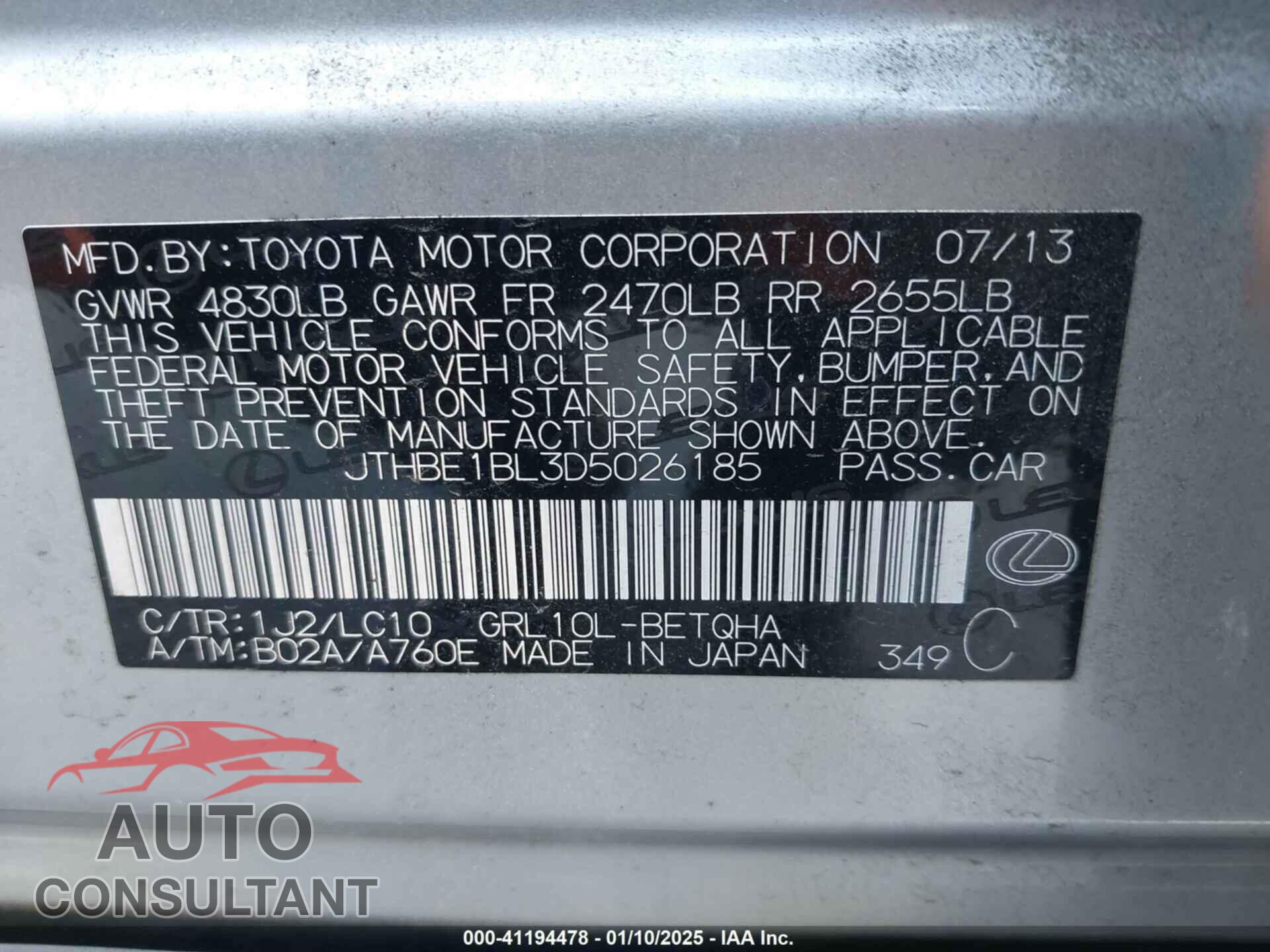 LEXUS GS 350 2013 - JTHBE1BL3D5026185