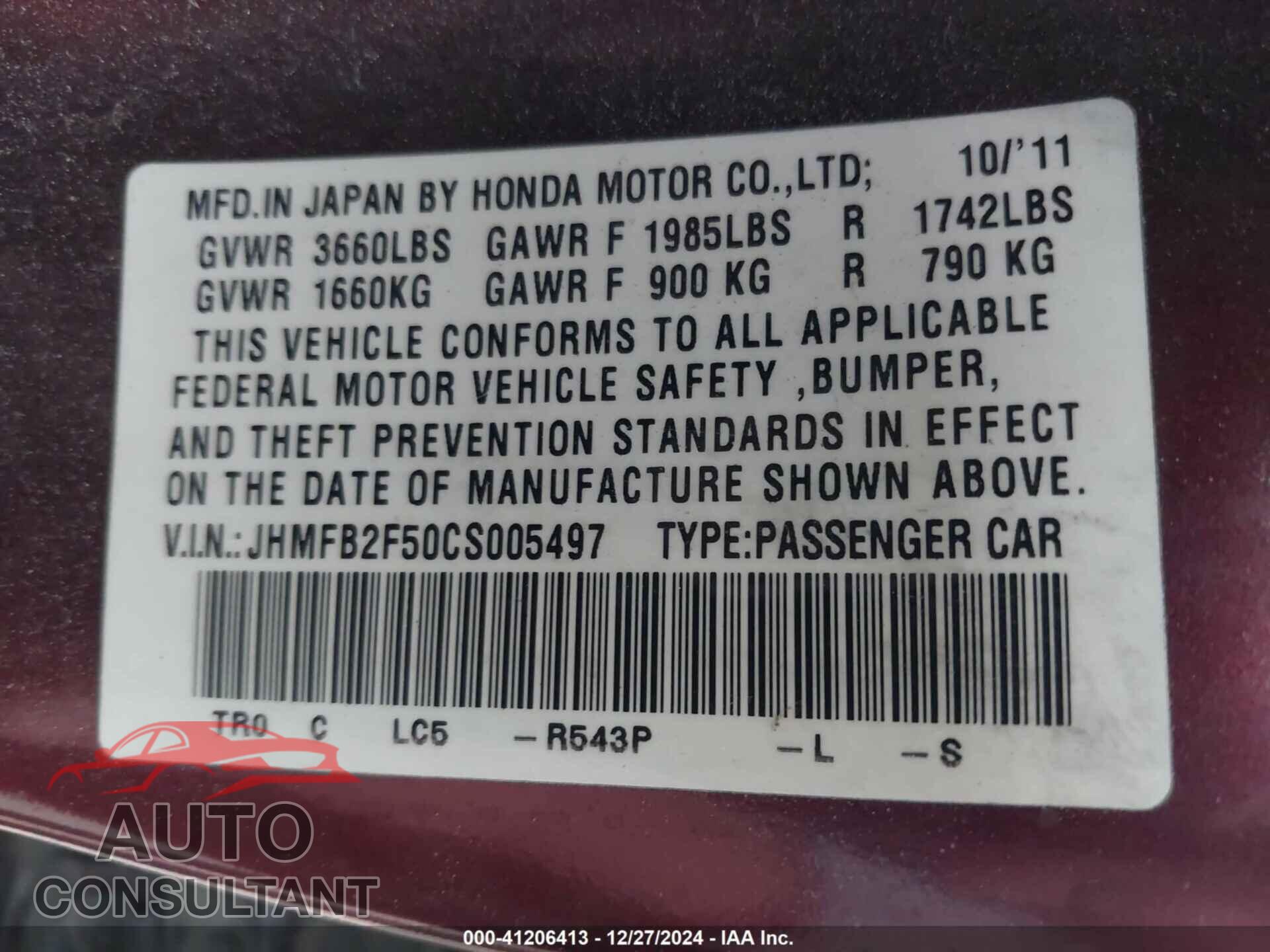 HONDA CIVIC SDN 2012 - JHMFB2F50CS005497