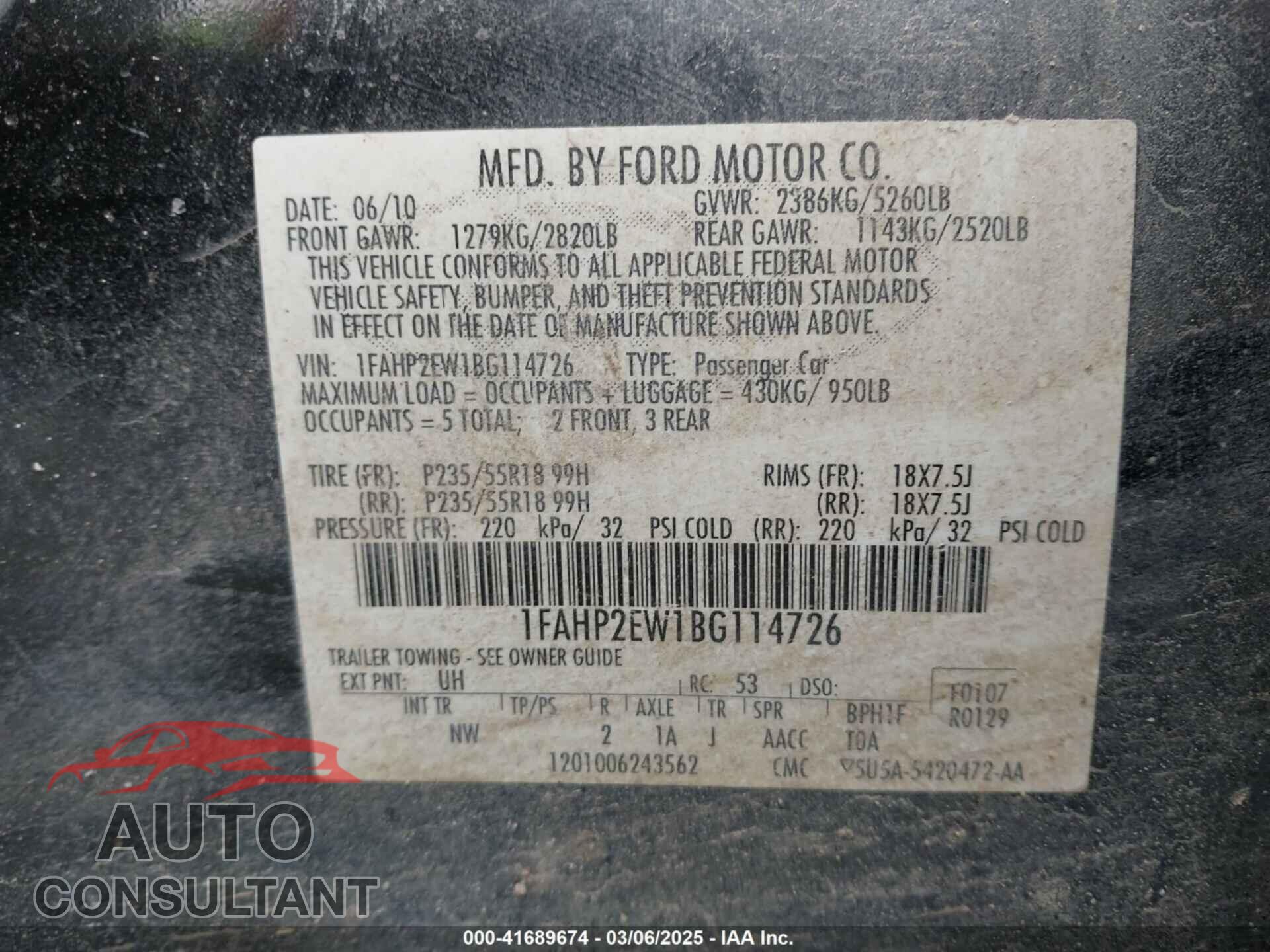 FORD TAURUS 2011 - 1FAHP2EW1BG114726