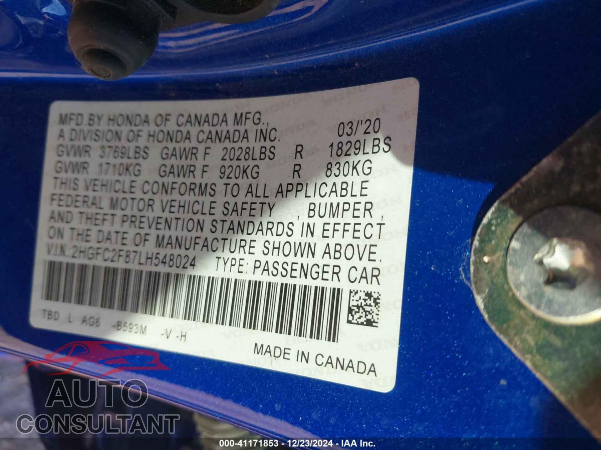 HONDA CIVIC 2020 - 2HGFC2F87LH548024