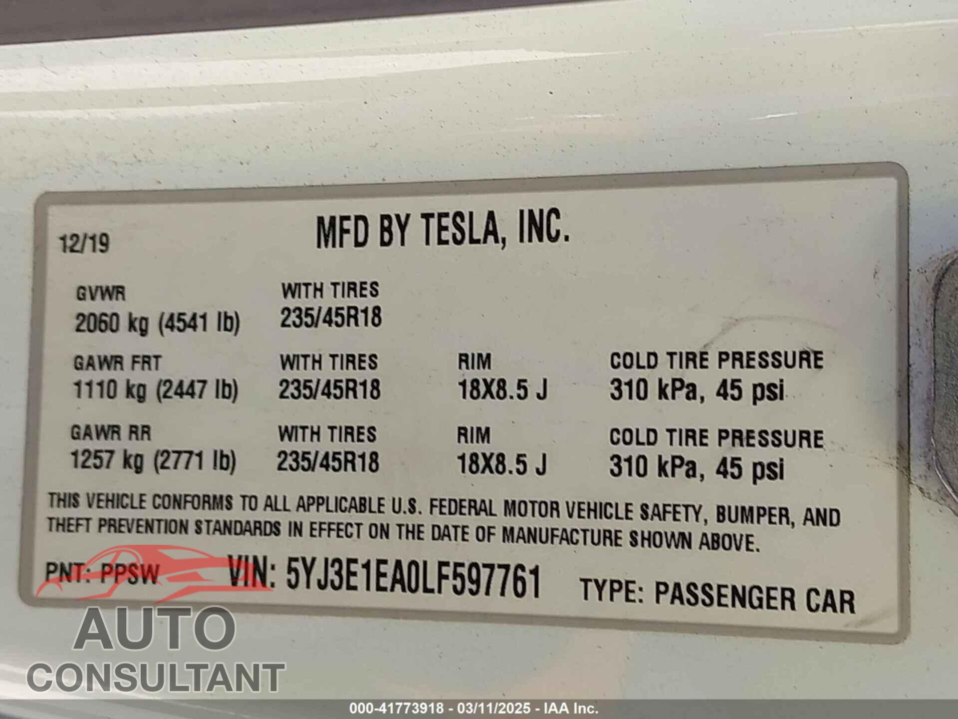 TESLA MODEL 3 2020 - 5YJ3E1EA0LF597761