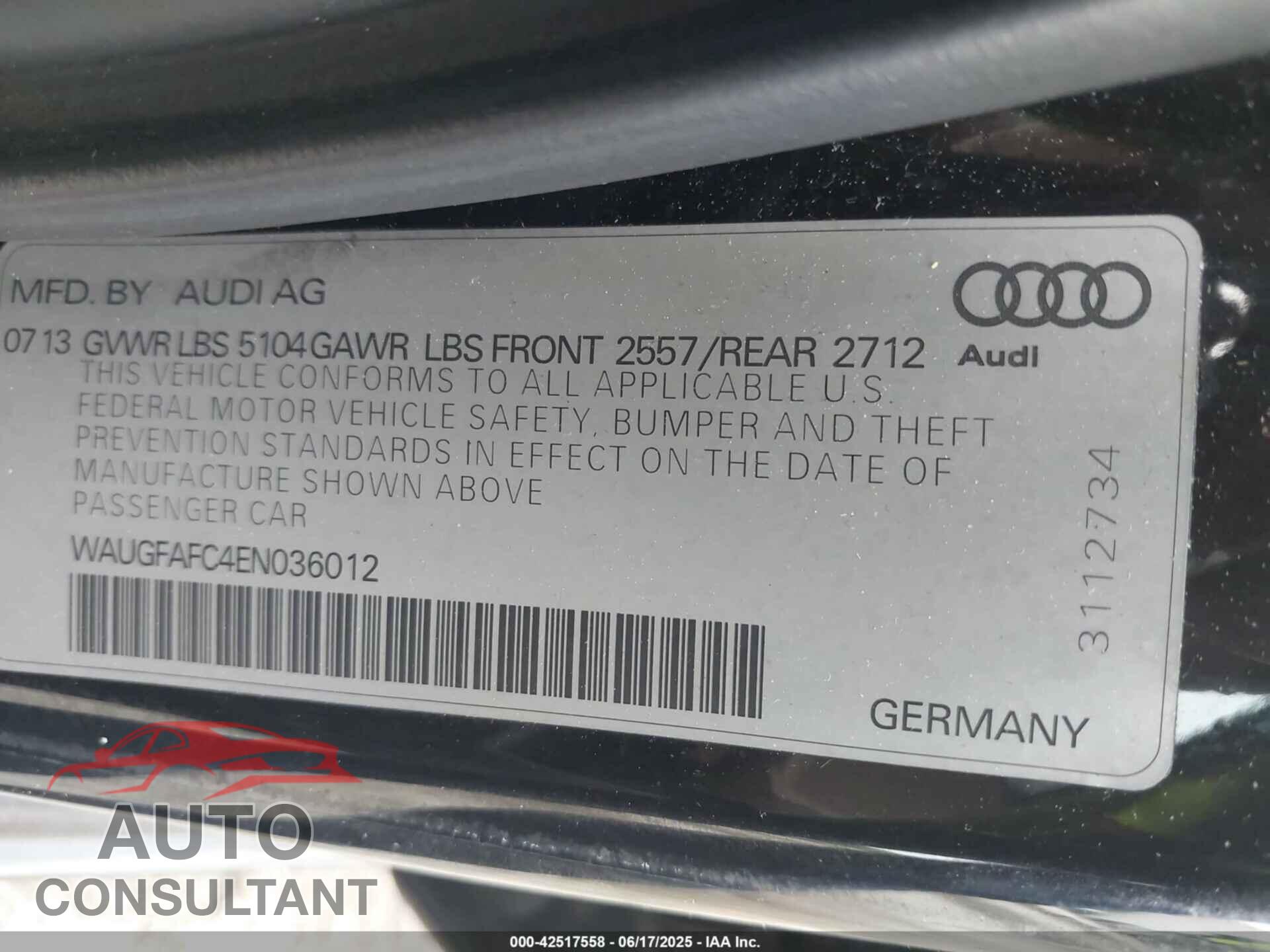 AUDI A6 2014 - WAUGFAFC4EN036012