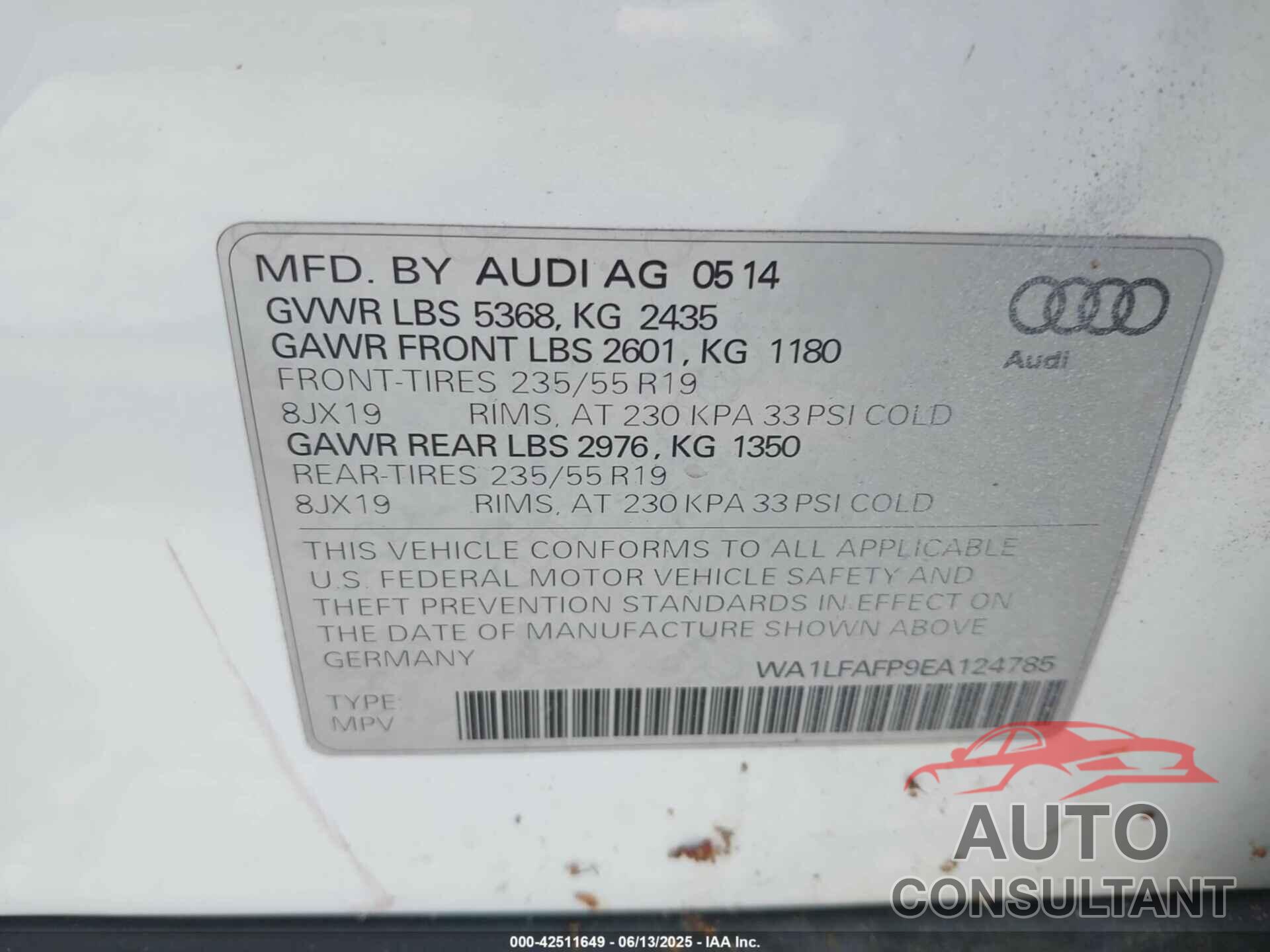 AUDI Q5 2014 - WA1LFAFP9EA124785