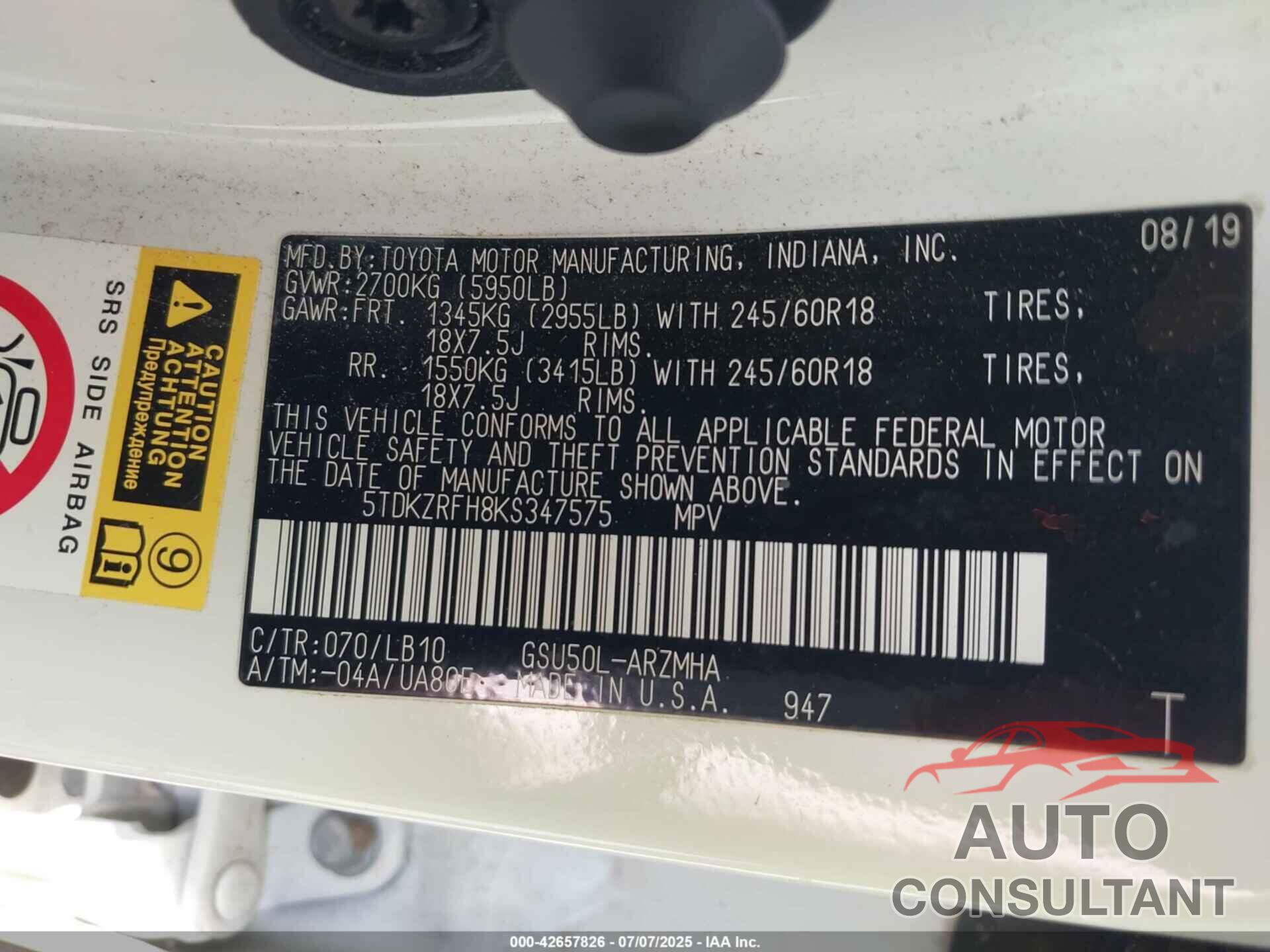 TOYOTA HIGHLANDER 2019 - 5TDKZRFH8KS347575