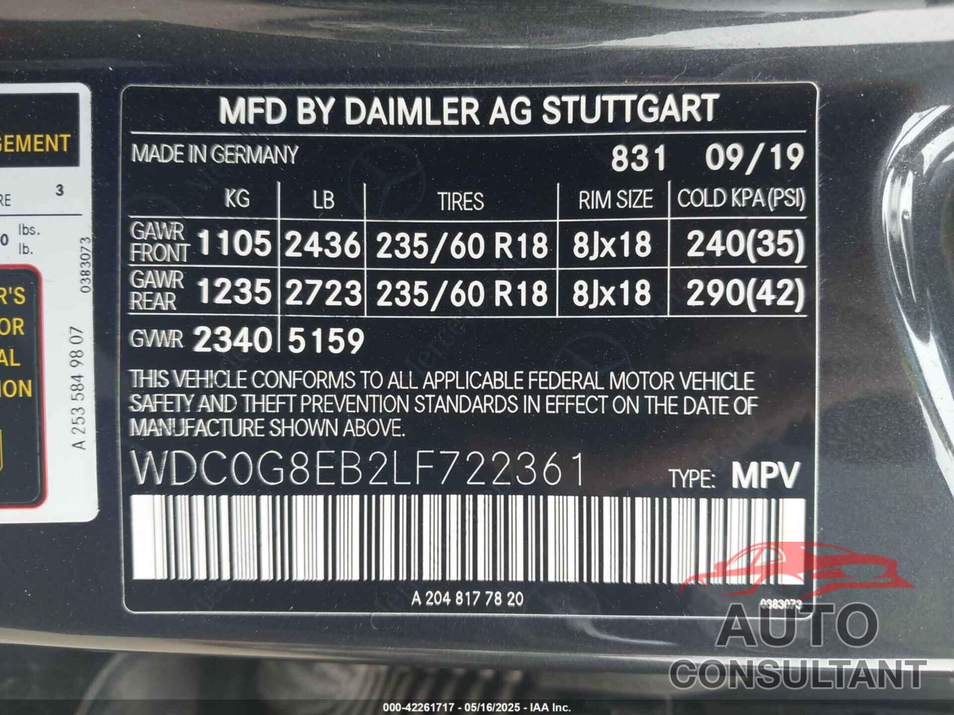 MERCEDES-BENZ GLC 300 2020 - WDC0G8EB2LF722361