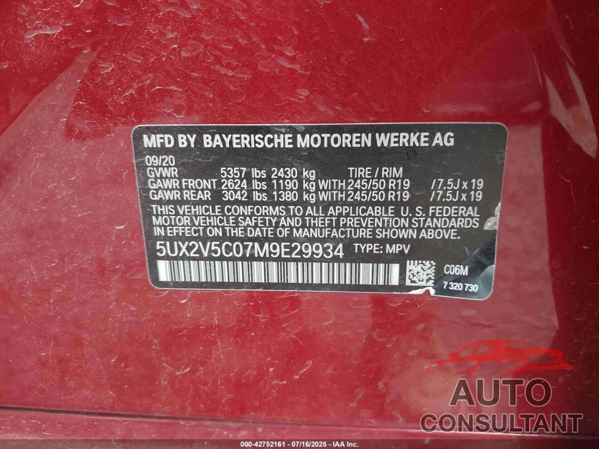 BMW X4 2021 - 5UX2V5C07M9E29934