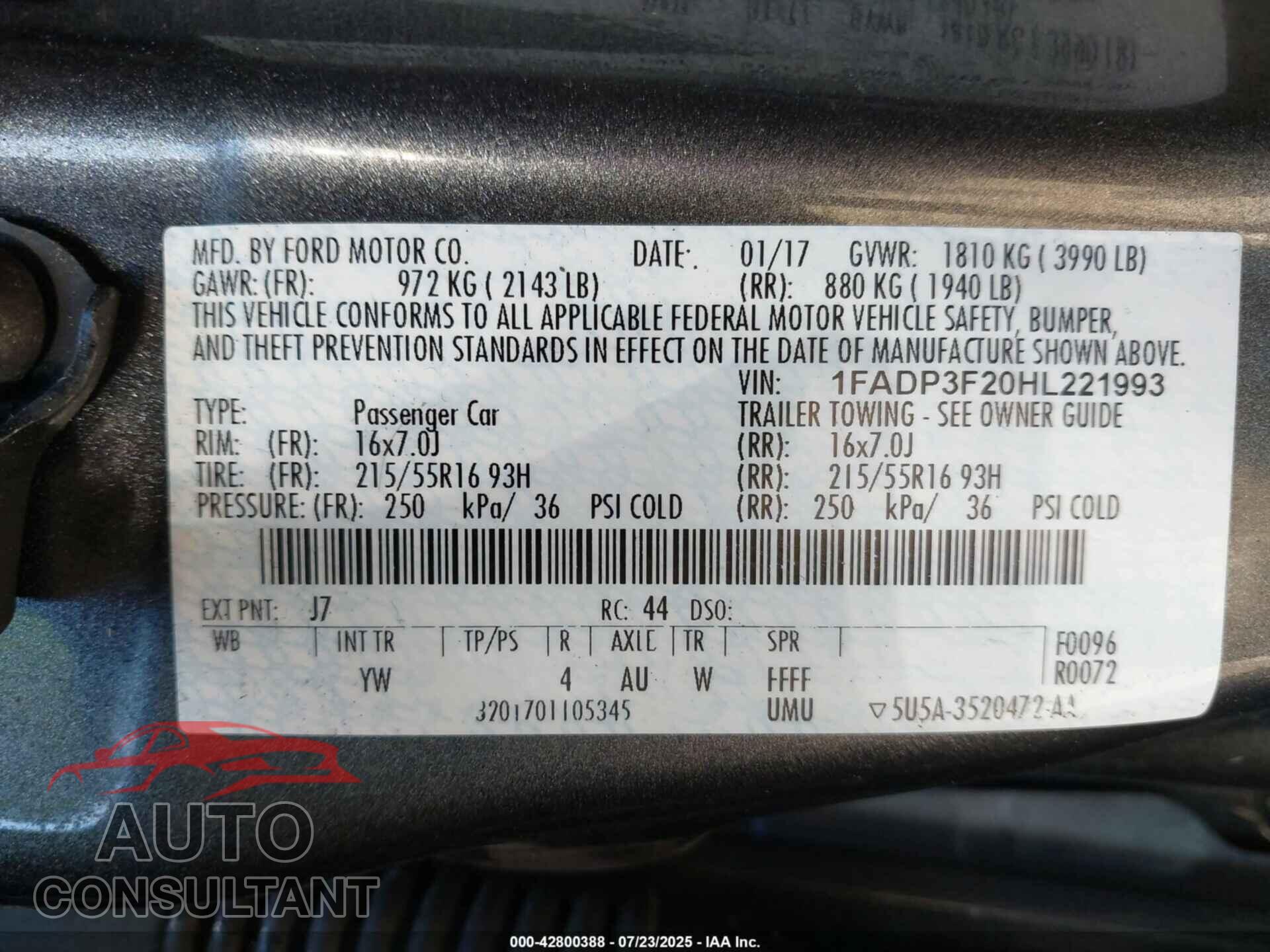 FORD FOCUS 2017 - 1FADP3F20HL221993