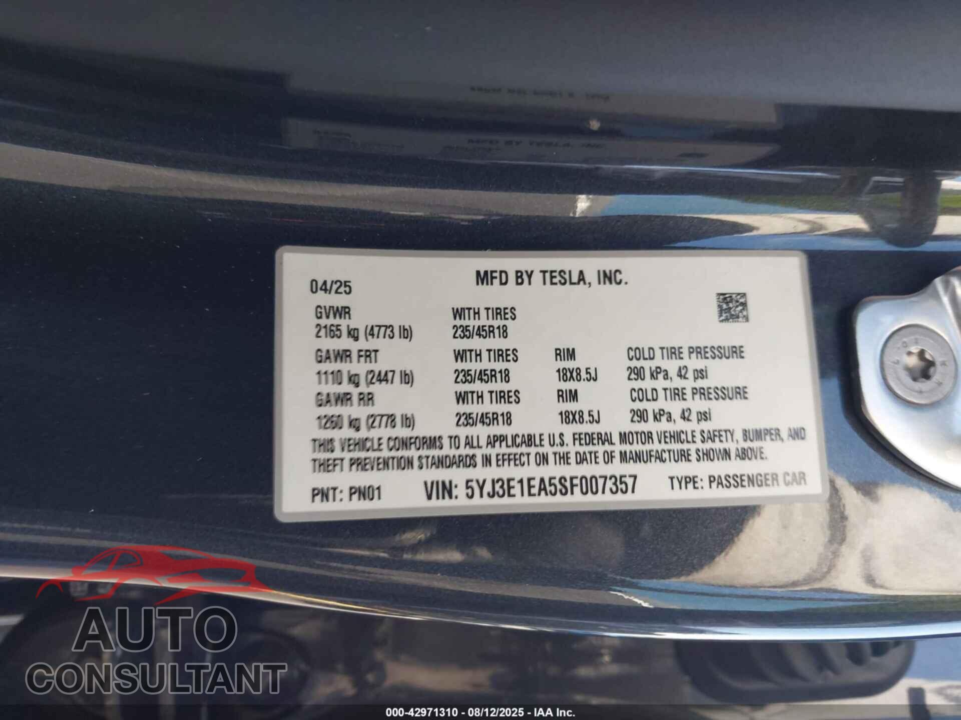 TESLA MODEL 3 2025 - 5YJ3E1EA5SF007357