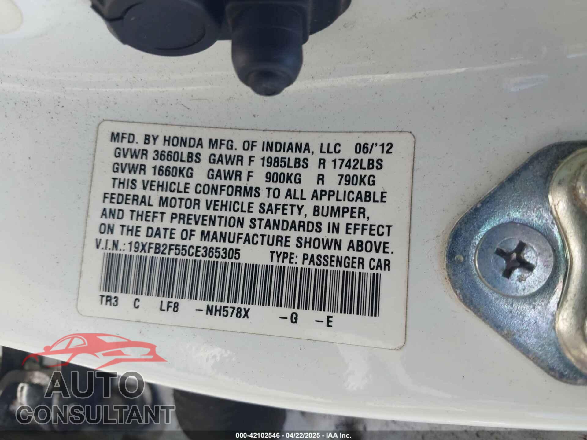 HONDA CIVIC 2012 - 19XFB2F55CE365305