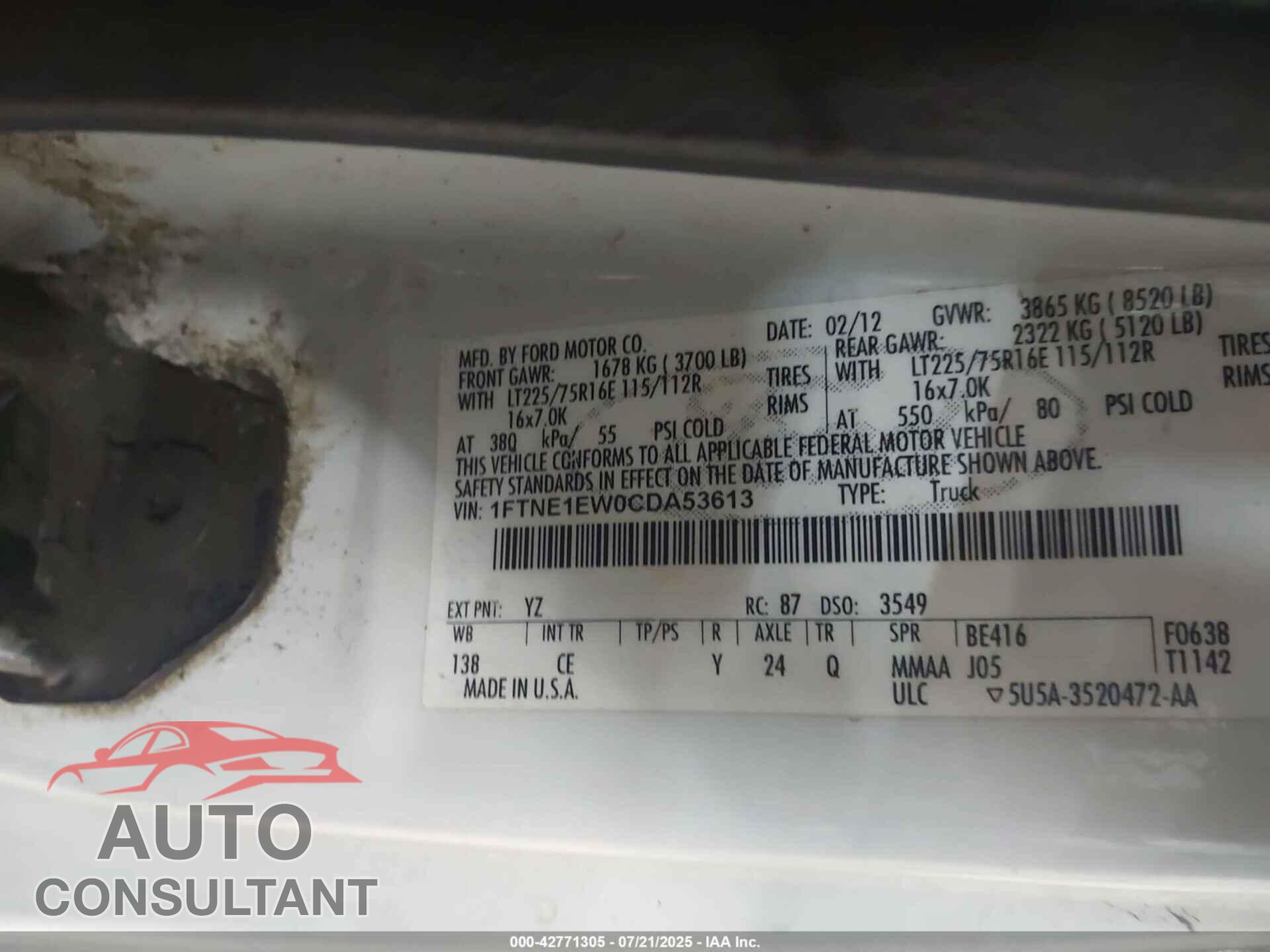 FORD E-150 2012 - 1FTNE1EW0CDA53613