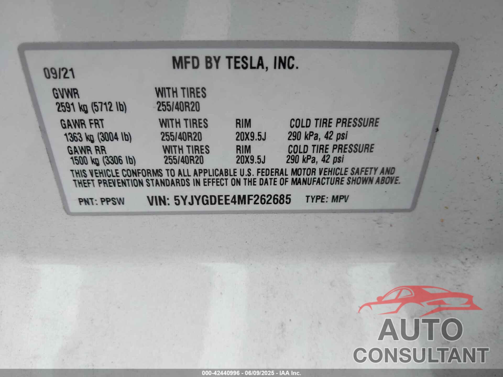 TESLA MODEL Y 2021 - 5YJYGDEE4MF262685