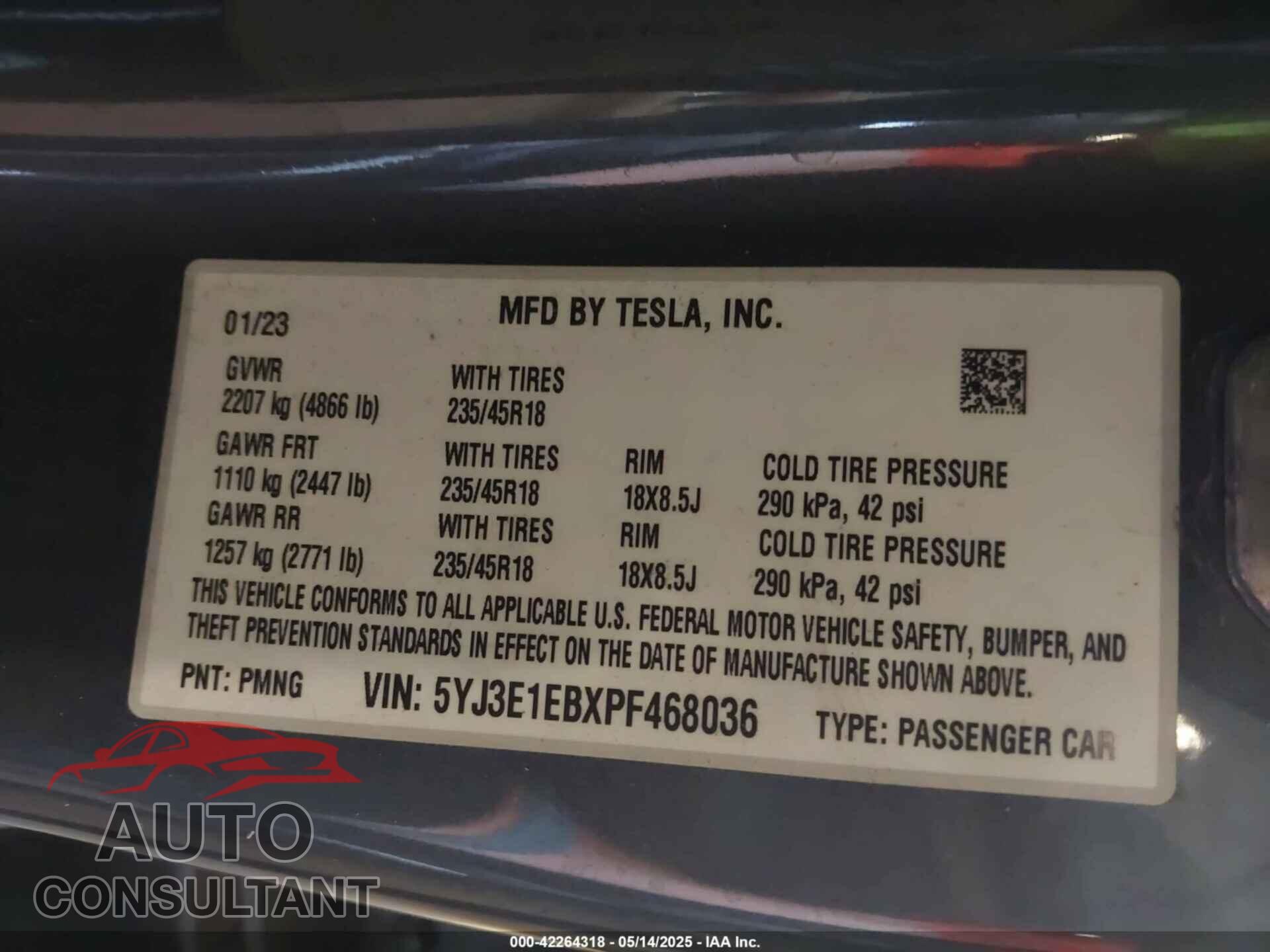 TESLA MODEL 3 2023 - 5YJ3E1EBXPF468036