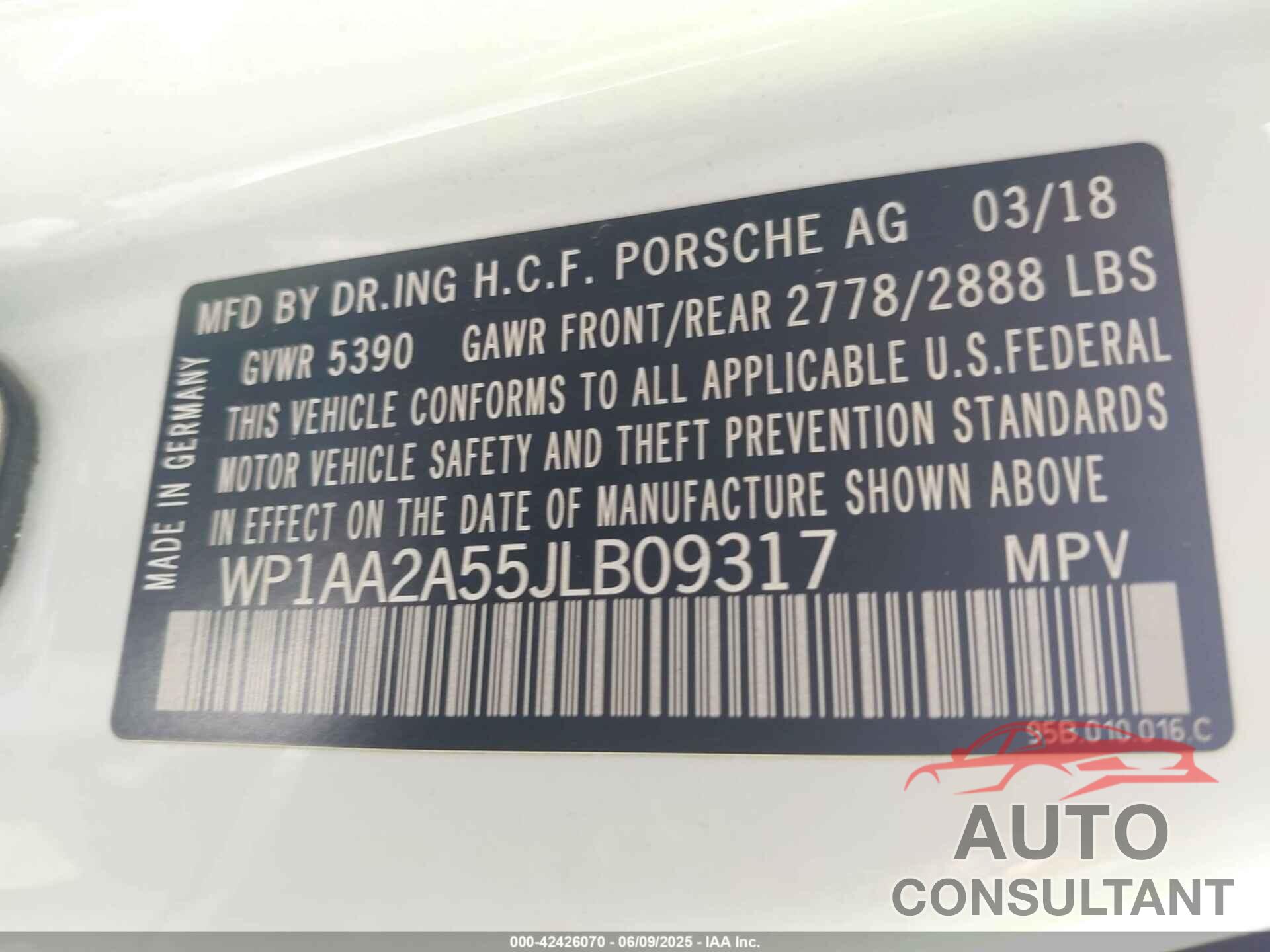 PORSCHE MACAN 2018 - WP1AA2A55JLB09317