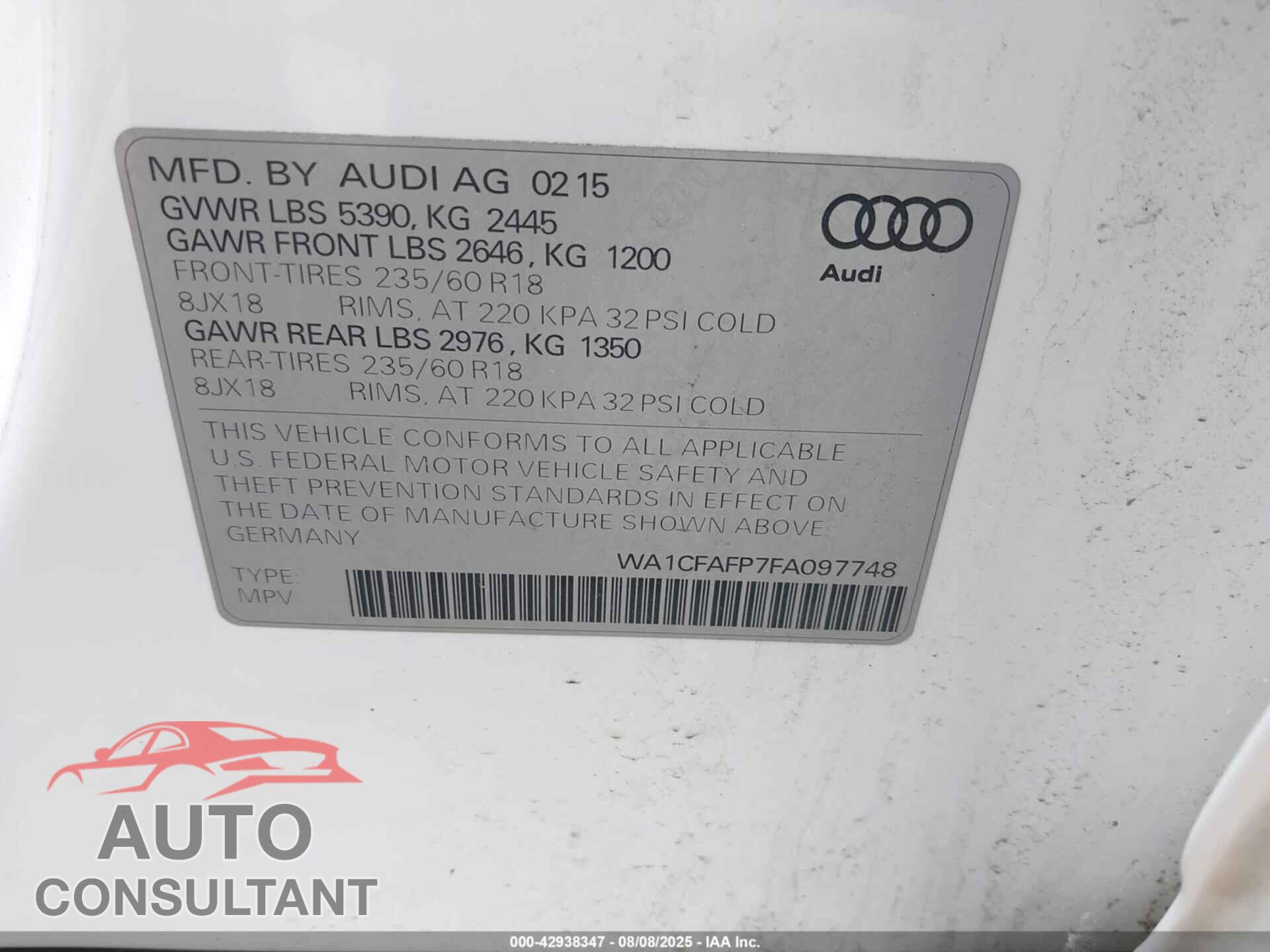 AUDI Q5 2015 - WA1CFAFP7FA097748