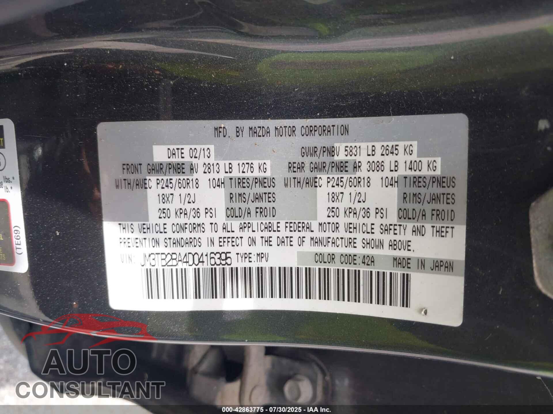 MAZDA CX-9 2013 - JM3TB2BA4D0416395
