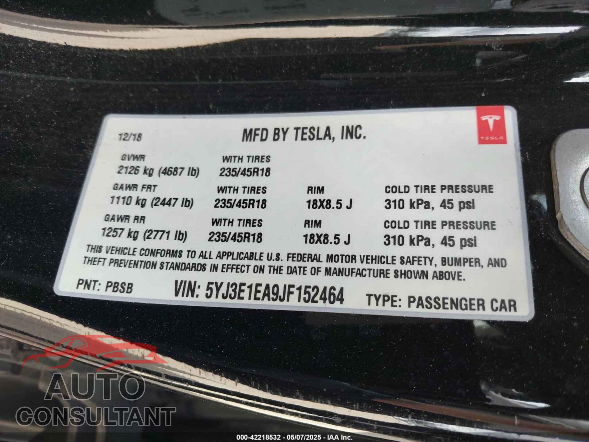TESLA MODEL 3 2018 - 5YJ3E1EA9JF152464
