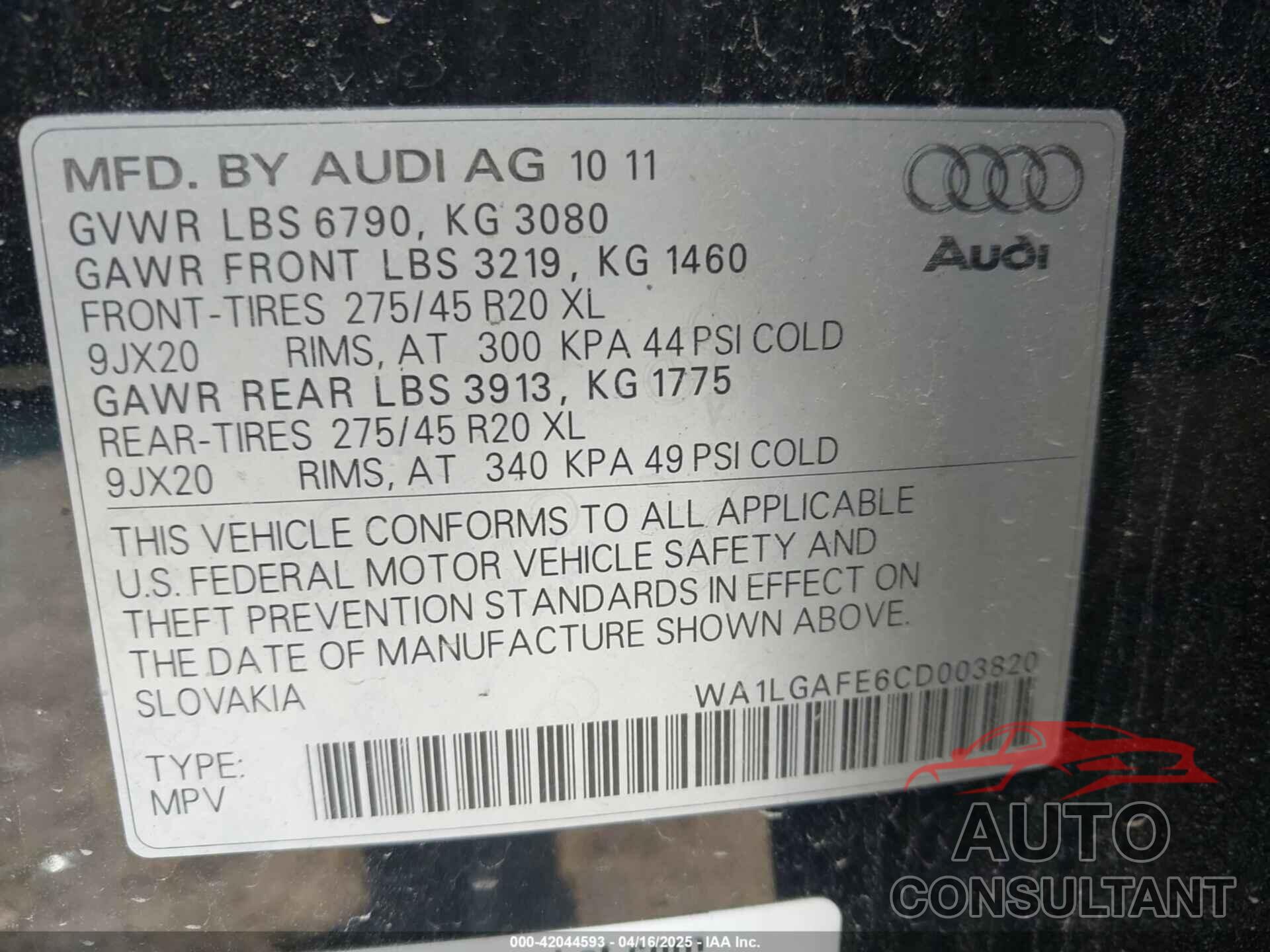 AUDI Q7 2012 - WA1LGAFE6CD003820