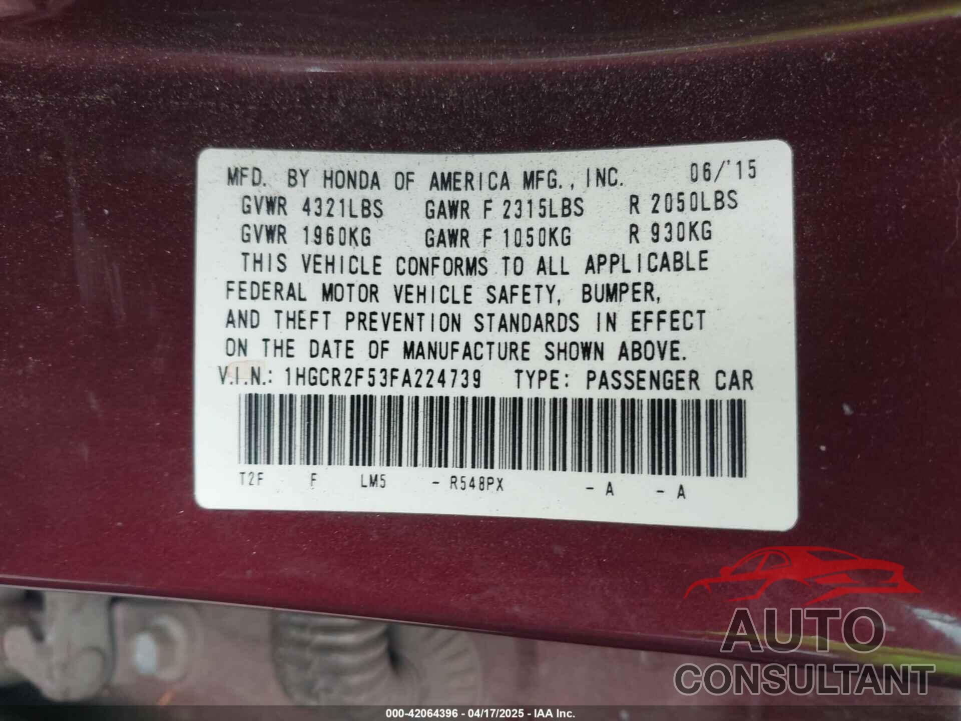 HONDA ACCORD 2015 - 1HGCR2F53FA224739