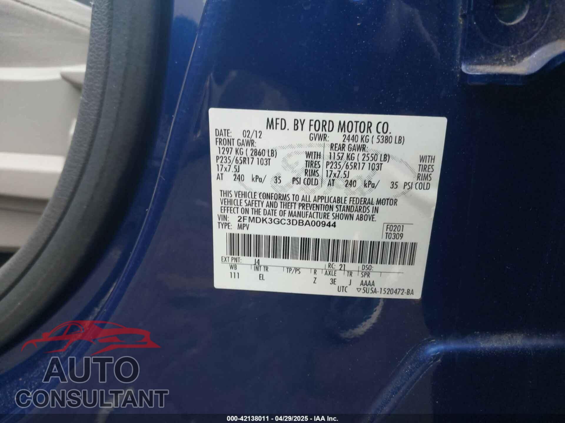 FORD EDGE 2013 - 2FMDK3GC3DBA00944