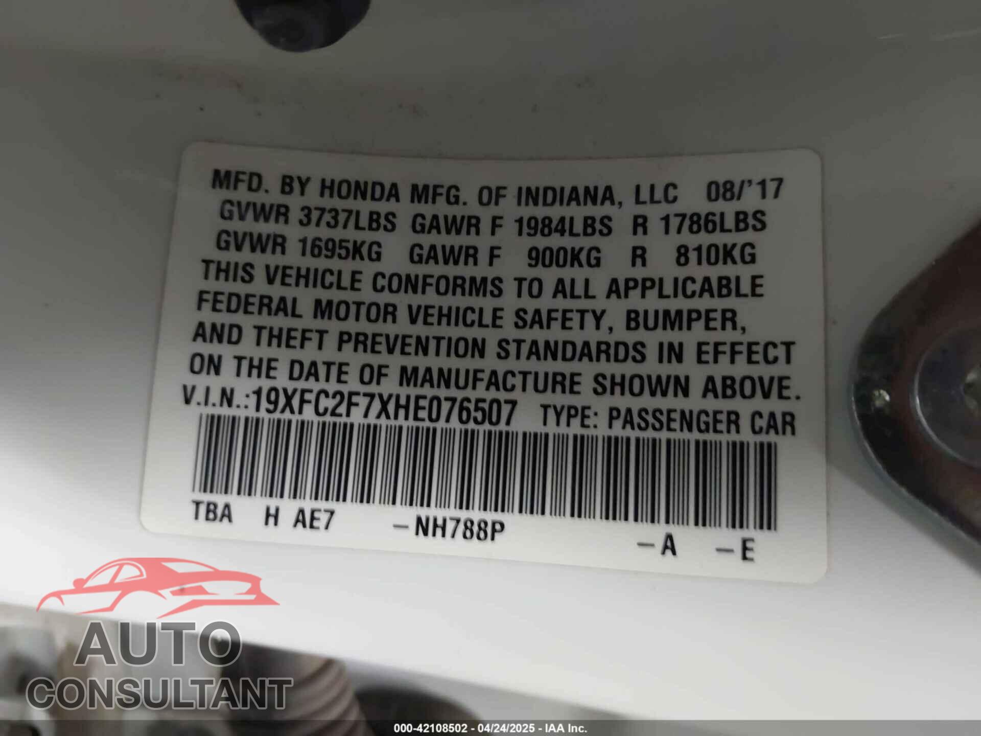 HONDA CIVIC 2017 - 19XFC2F7XHE076507