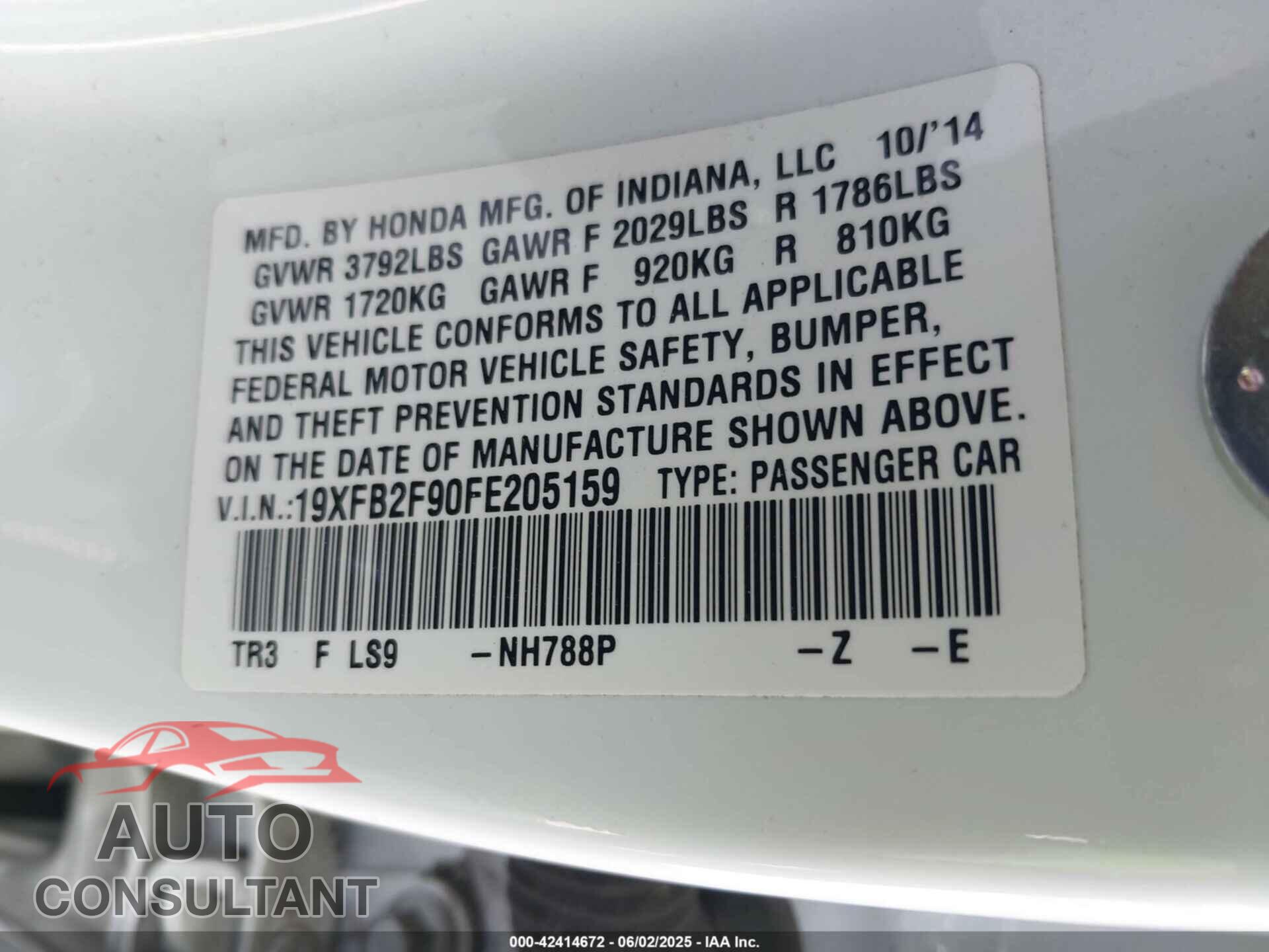 HONDA CIVIC 2015 - 19XFB2F90FE205159