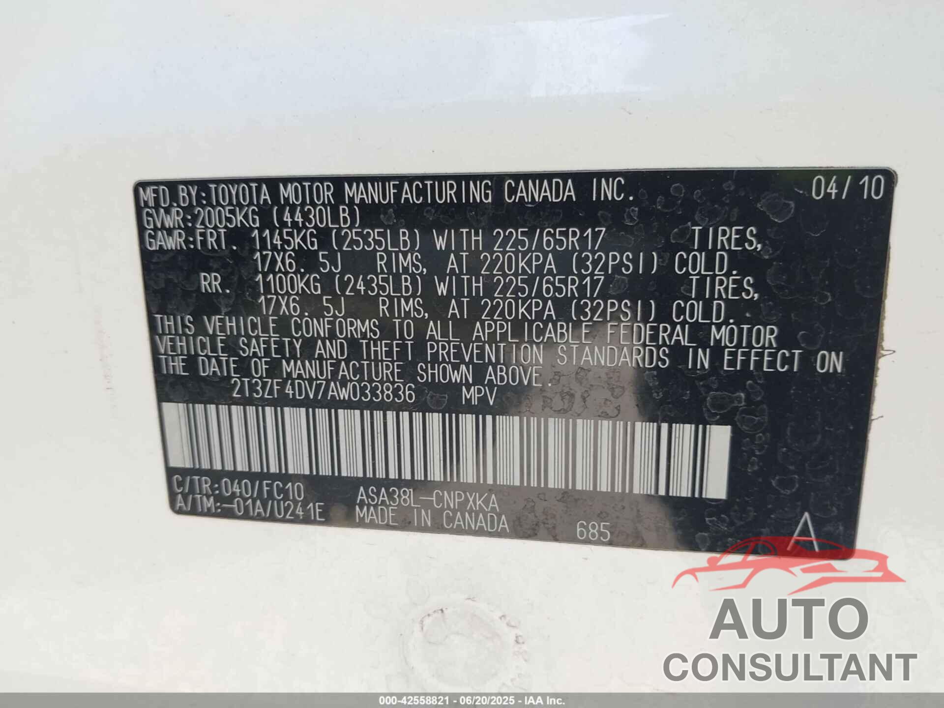 TOYOTA RAV4 2010 - 2T3ZF4DV7AW033836