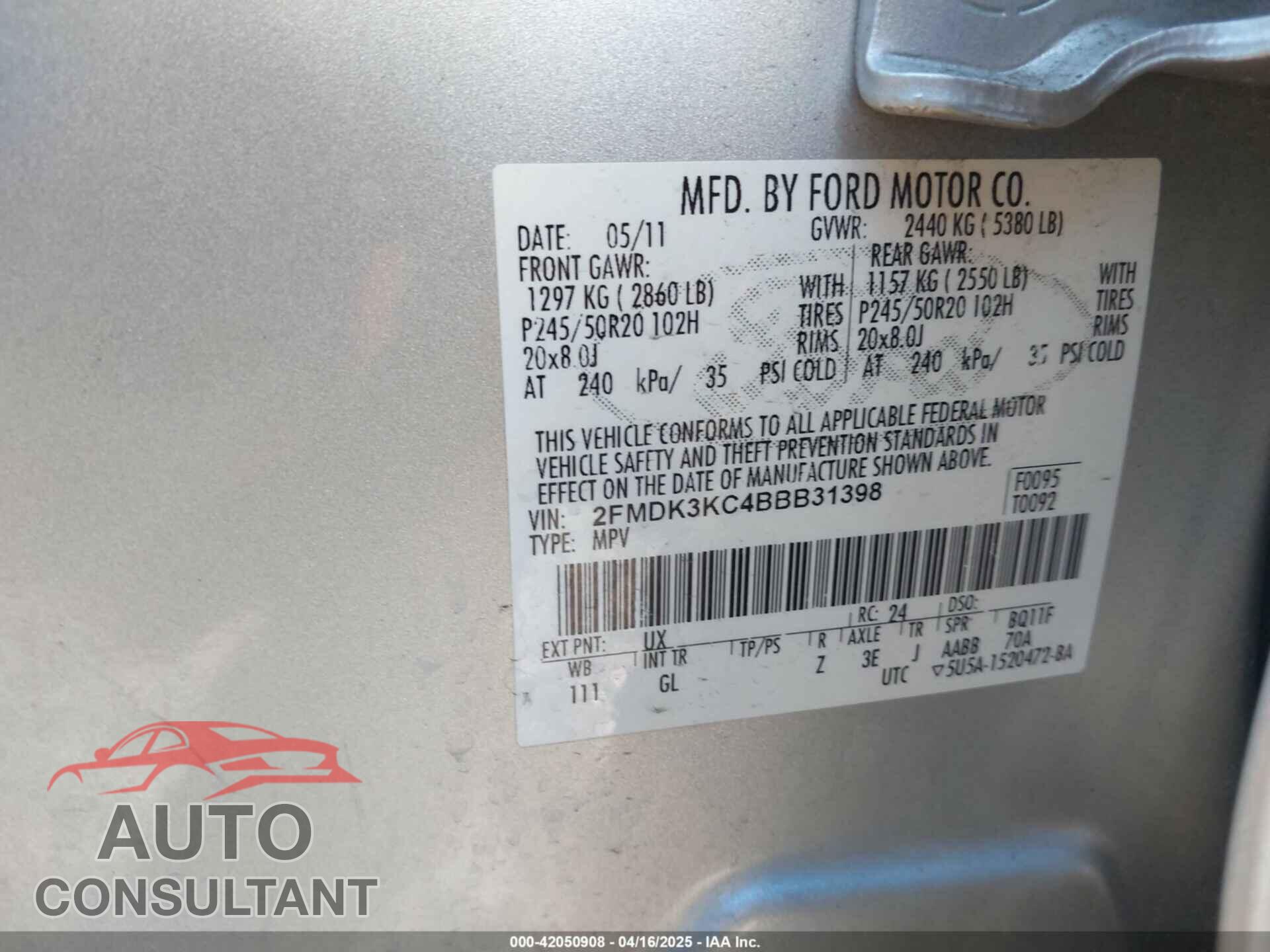 FORD EDGE 2011 - 2FMDK3KC4BBB31398