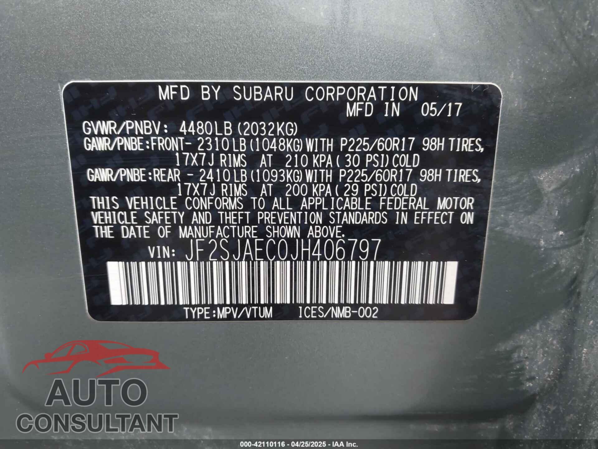 SUBARU FORESTER 2018 - JF2SJAEC0JH406797