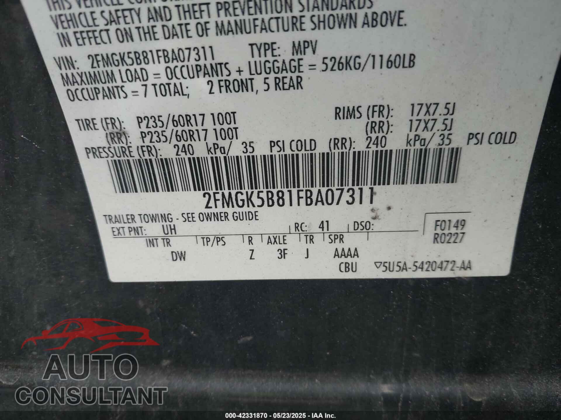 FORD FLEX 2015 - 2FMGK5B81FBA07311