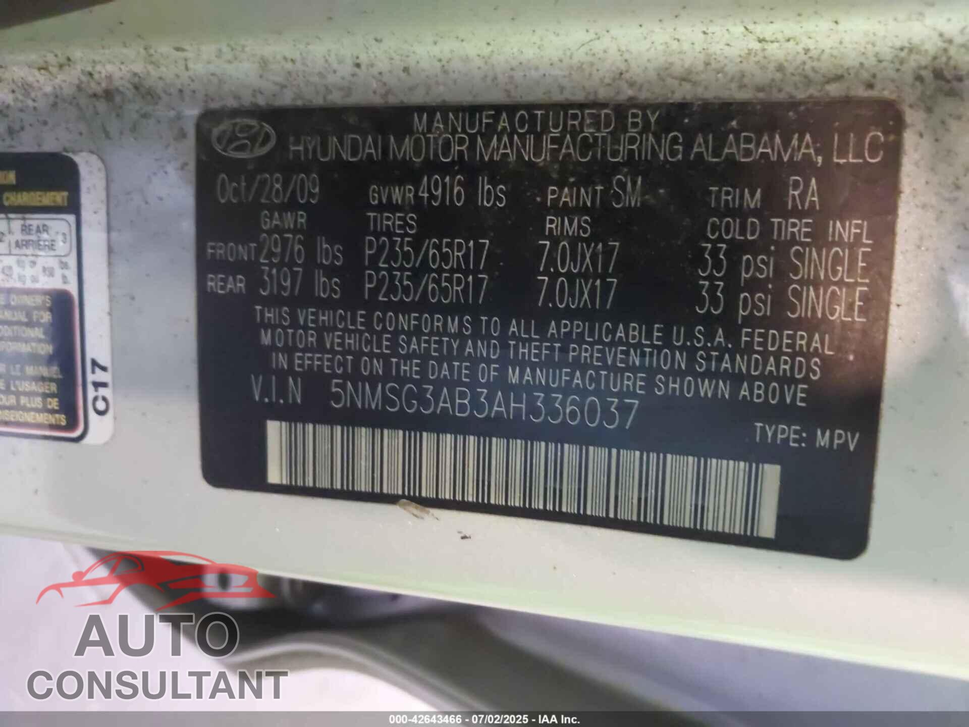 HYUNDAI SANTA FE 2010 - 5NMSG3AB3AH336037