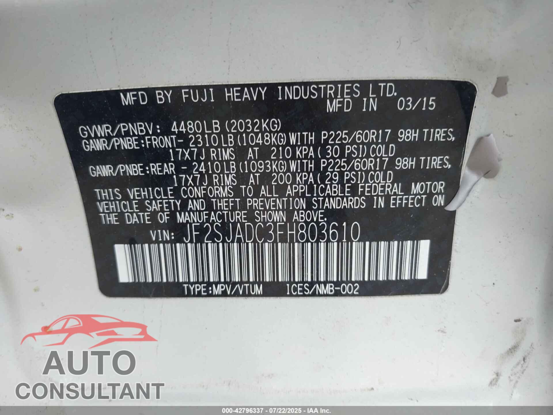 SUBARU FORESTER 2015 - JF2SJADC3FH803610