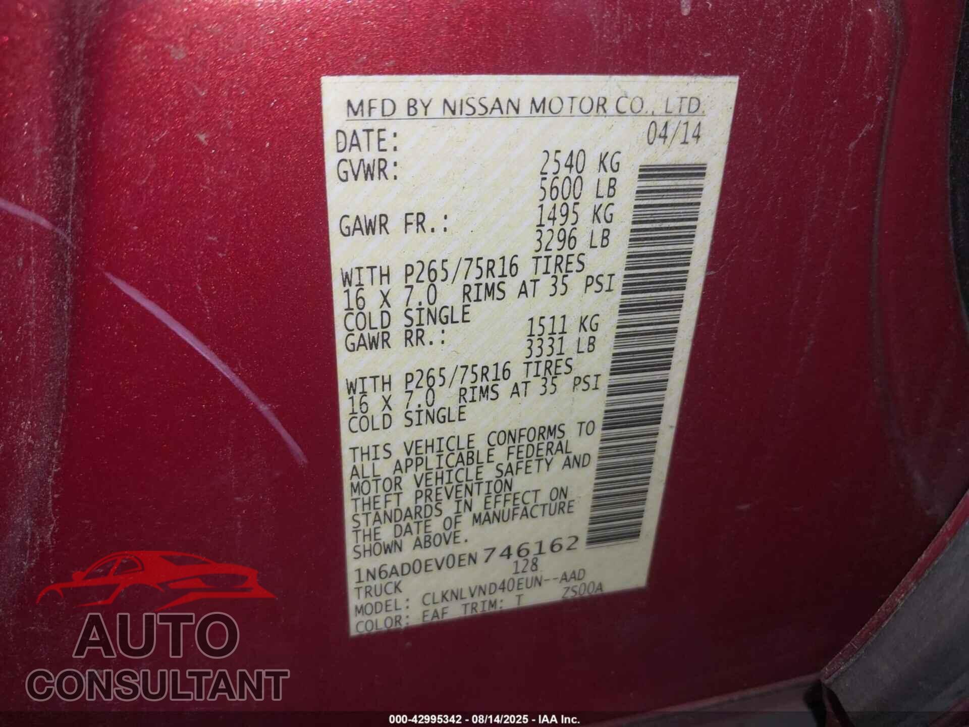 NISSAN FRONTIER 2014 - 1N6AD0EV0EN746162