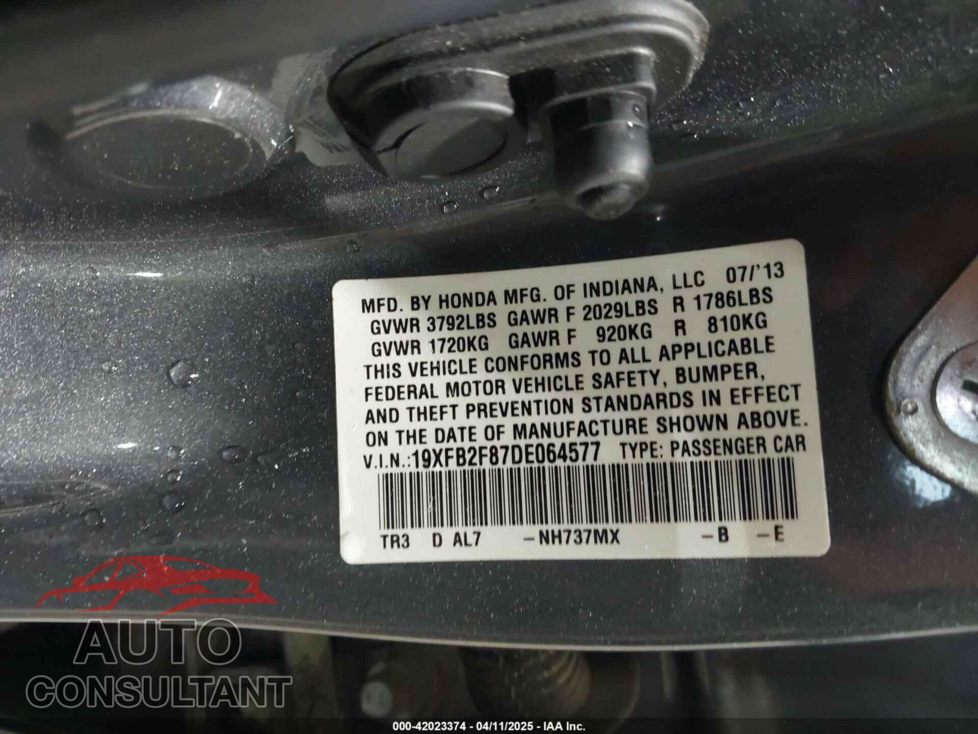 HONDA CIVIC 2013 - 19XFB2F87DE064577