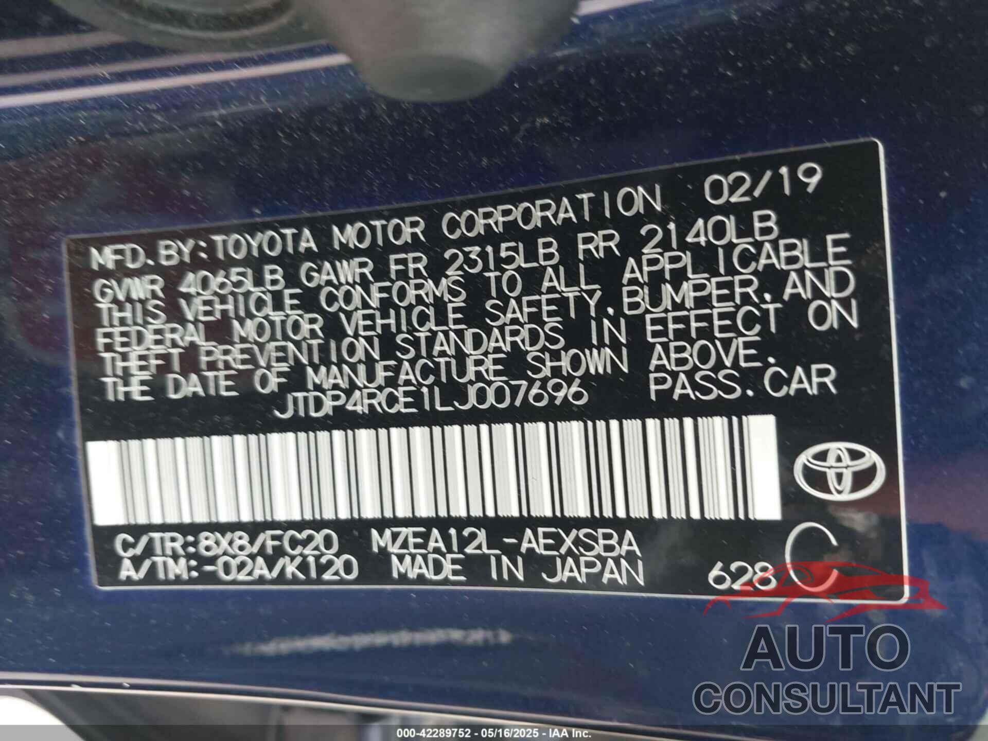 TOYOTA COROLLA 2020 - JTDP4RCE1LJ007696