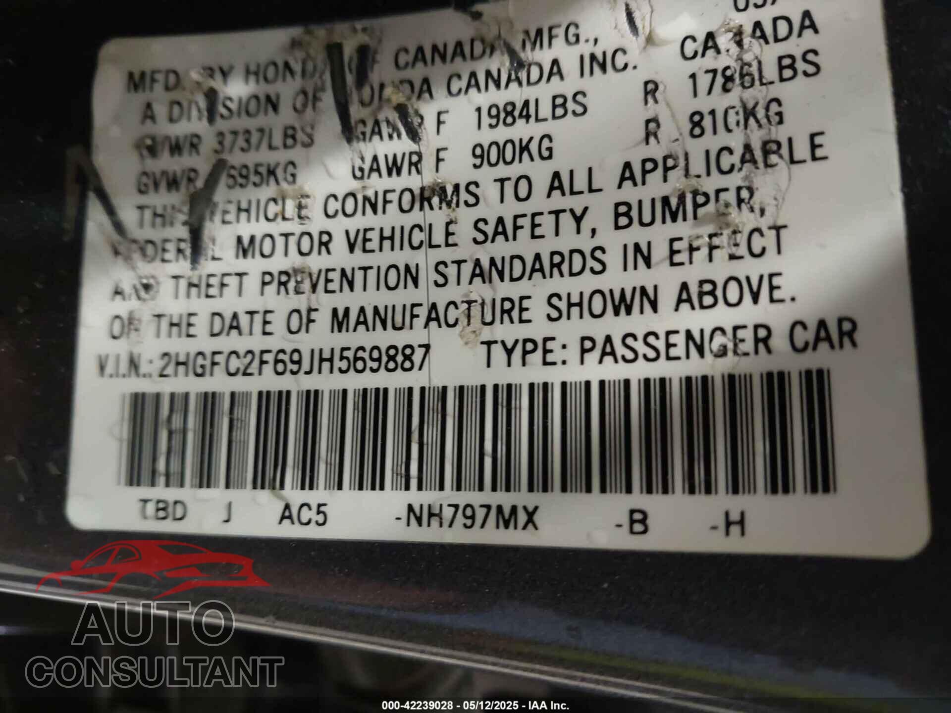 HONDA CIVIC 2018 - 2HGFC2F69JH569887