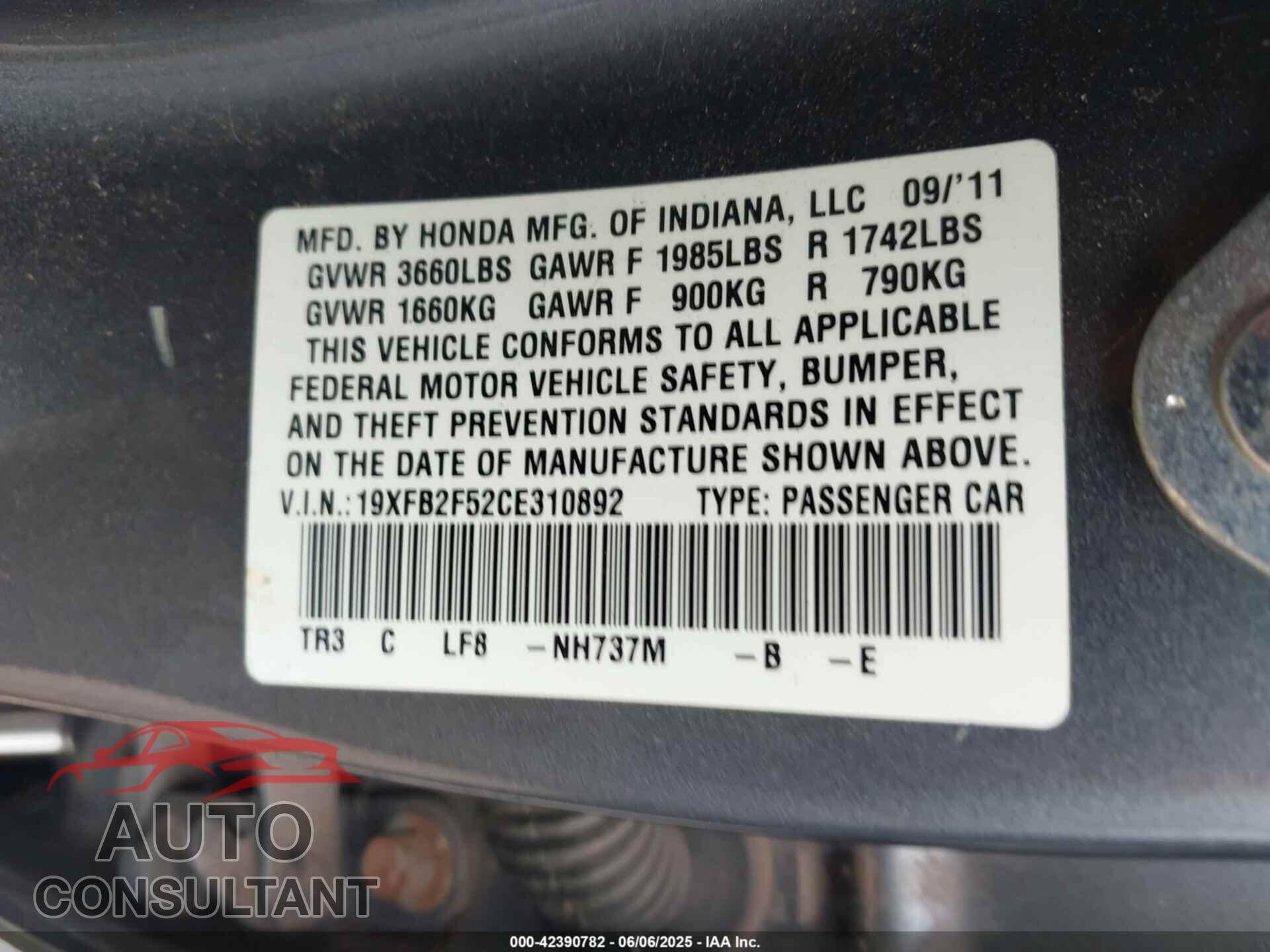 HONDA CIVIC 2012 - 19XFB2F52CE310892