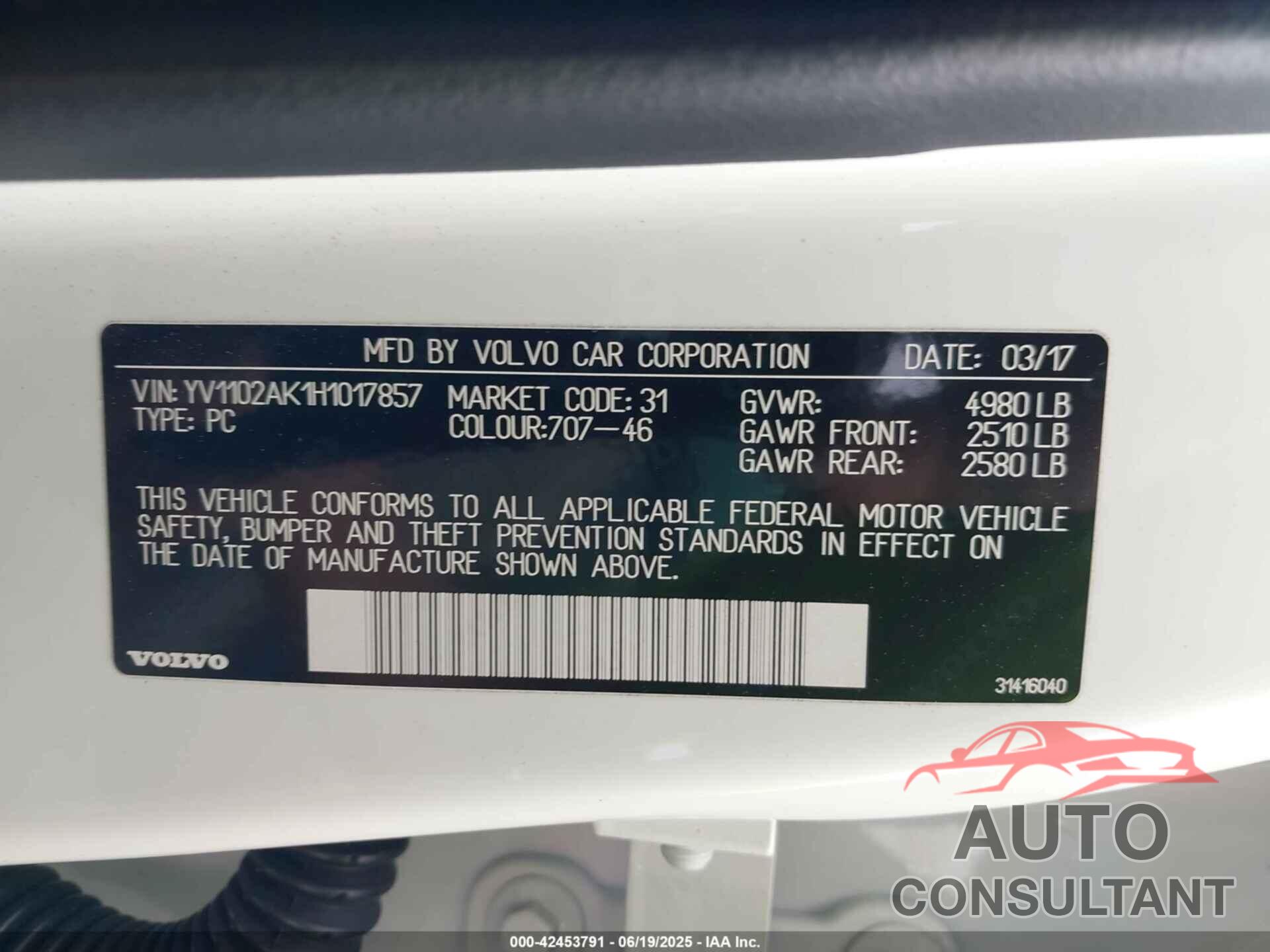 VOLVO S90 2017 - YV1102AK1H1017857
